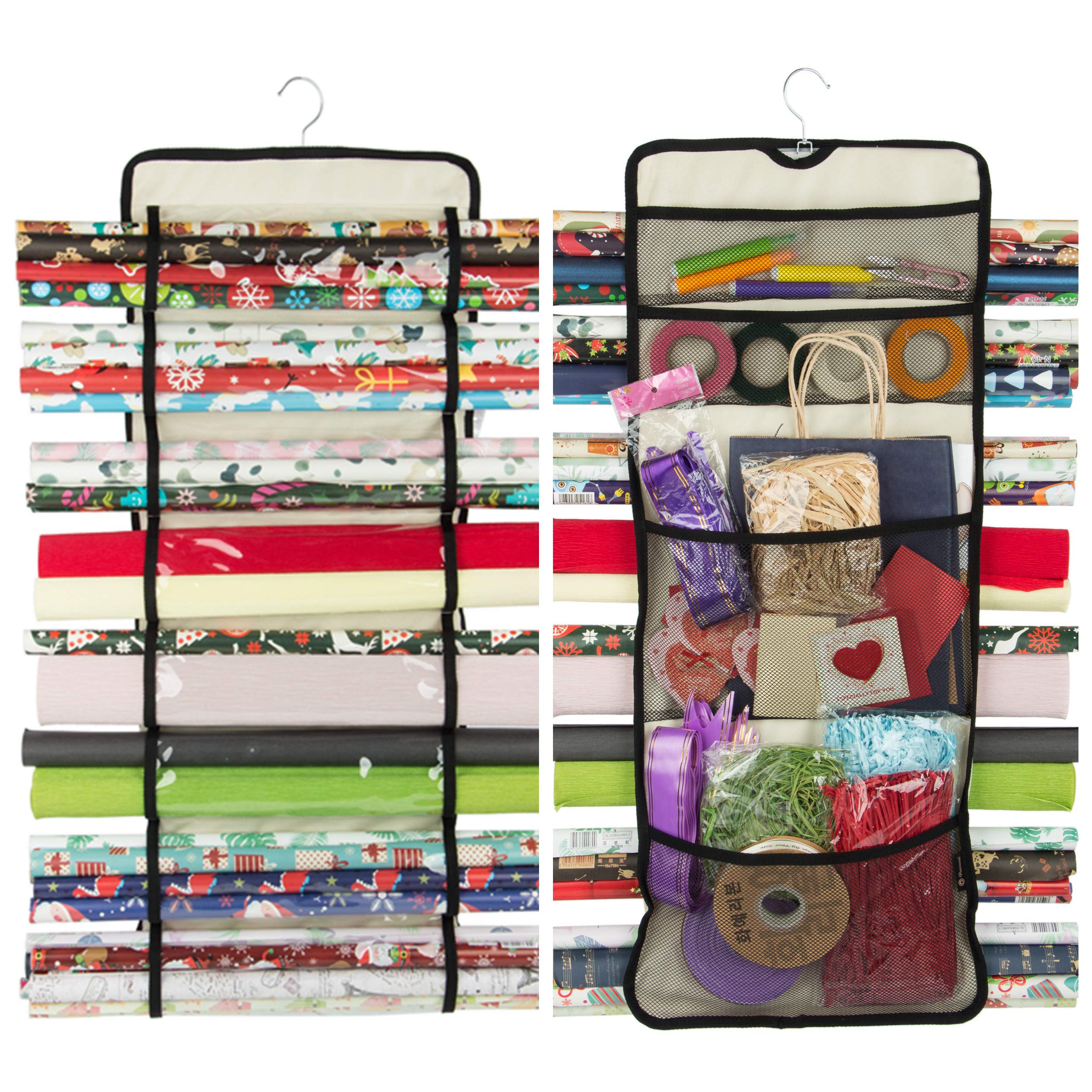 PACMAXI Double Sided Hanging Gift Wrap Organizer with Multiple Pockets - Storage for Wrapping Paper Rolls, Ribbons & Supplies - Perfect for Holiday Gift Wrapping, Craft Room & Home Organization