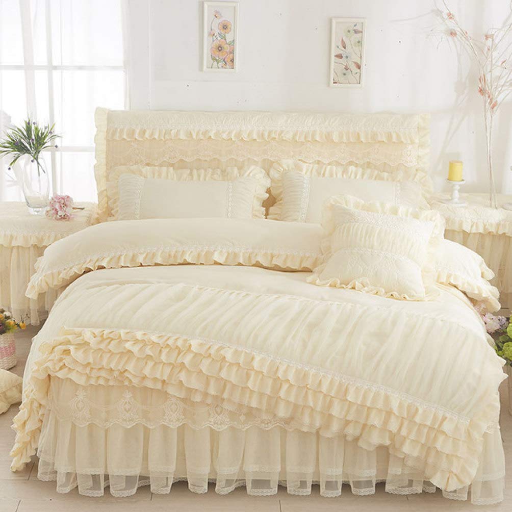 Princess Lace Bedding Set for Girls - Dreamy Beige Ruffle Duvet Cover with Bedskirt - Twin/Full/Queen Size - Perfect for Kids Bedroom, Nursery Decor & Fairy Tale Themed Rooms