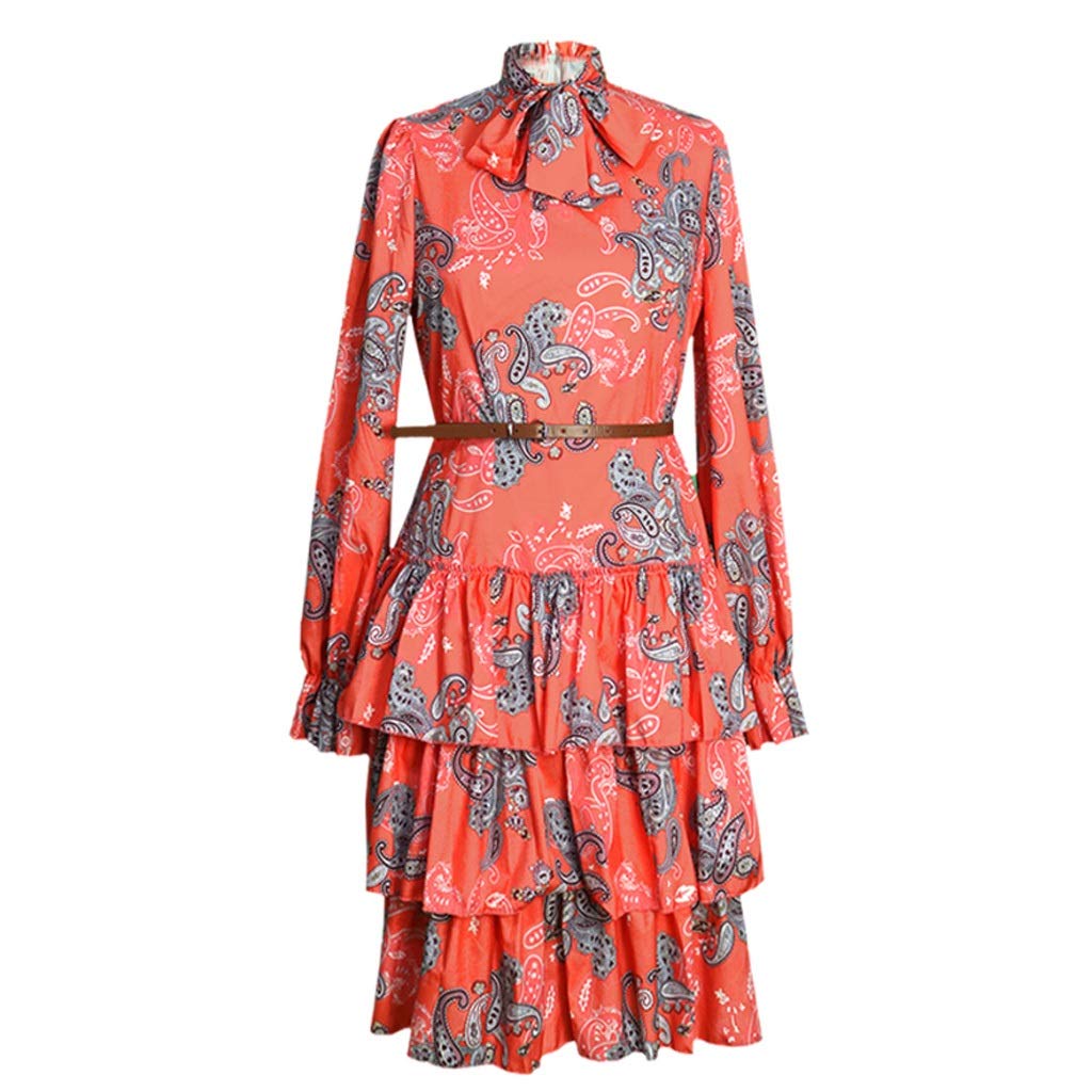 XJJZS Women's Printed Long Sleeve Bow Tie Ruffled Pleated Dress - XL | Elegant A-Line Party Cocktail Dress for Wedding, Holiday & Special Occasions