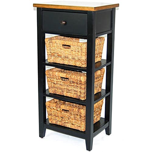 Farmhouse Wood Storage Rack with Woven Baskets - Black/Natural - Rustic Organizer for Entryway, Bathroom & Living Room - Home Decor Storage Solution