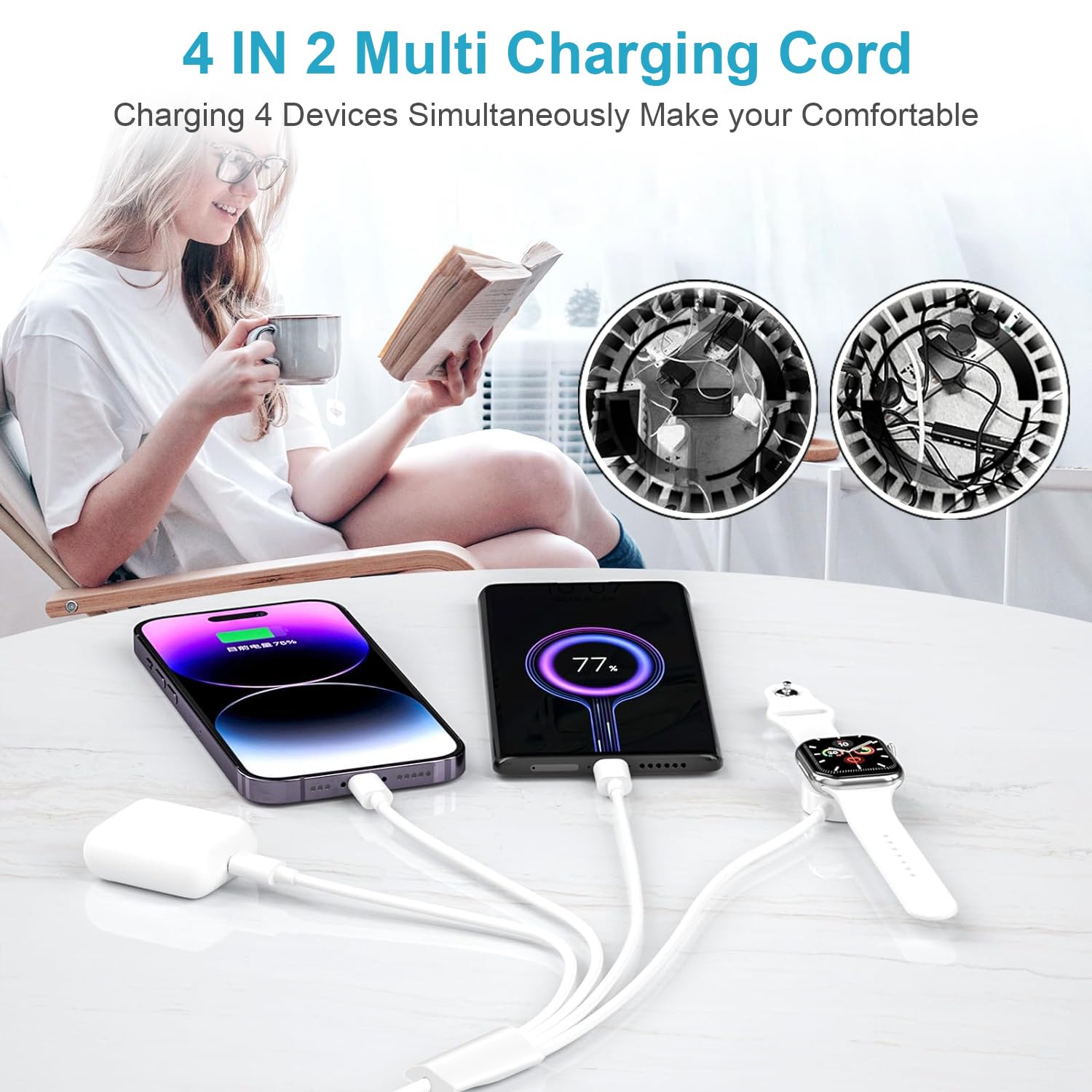 4-in-1 Multi Charging Cable for Apple Watch - Fast Wireless Charger with USB-C/Lightning/Micro USB - Compatible with Apple Watch Ultra/SE/9/8/7/6 & iPhone 15/14 - Perfect for Travel, Office, and Home Charging