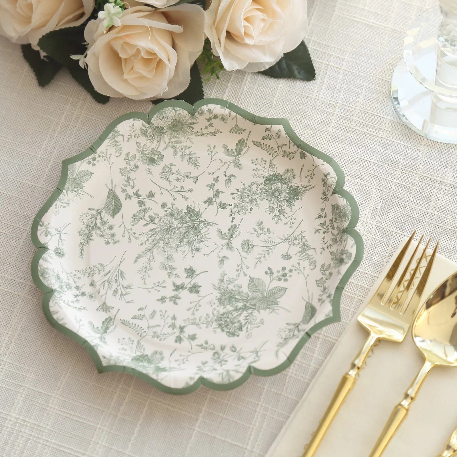 25-Pack White and Sage Green Floral Leaf Print Paper Plates with Scalloped Rim - Elegant Disposable Tableware for Weddings, Baby Showers & Garden Parties