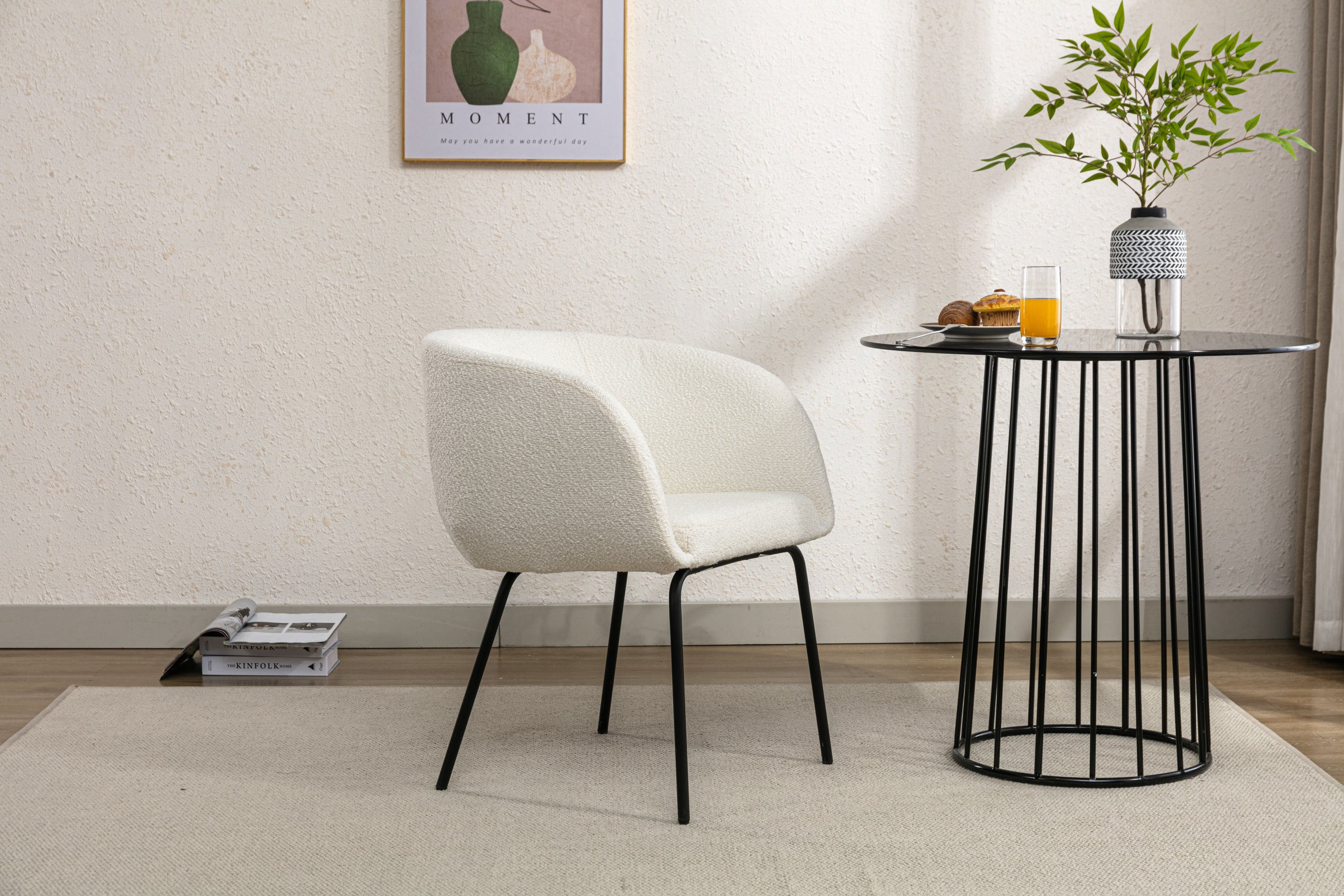 Boucle Fabric Dining Chair with Black Metal Legs - Set of 1 - Modern Upholstered Accent Chair for Kitchen, Dining Room, or Office