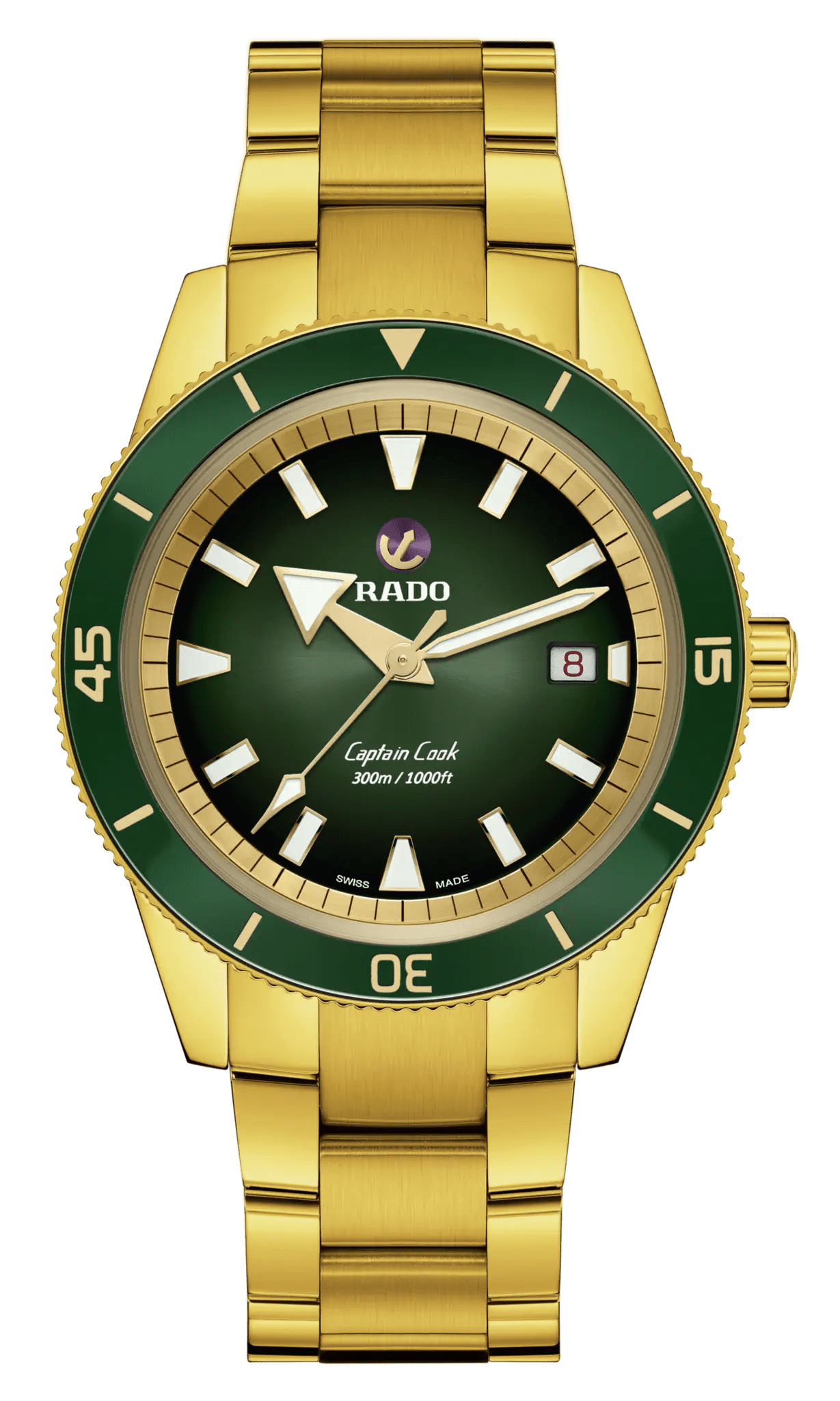 RADO Captain Cook 42mm Automatic Men's Watch - Yellow Gold Case, Green Dial, Swiss Luxury Timepiece R32136323 | Perfect for Business, Formal Events & Luxury Gift Giving