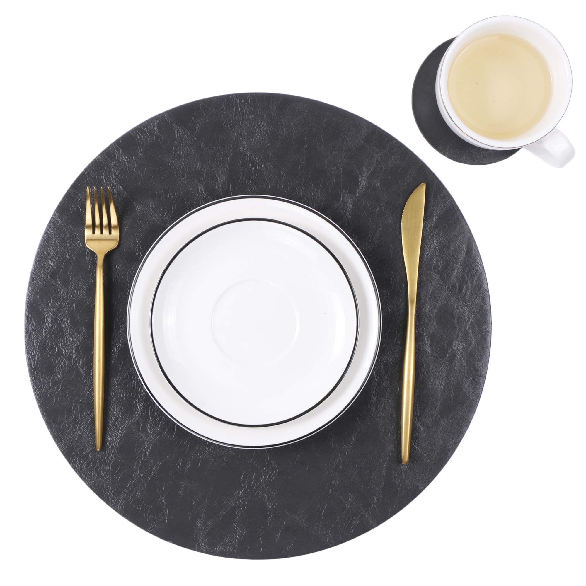 8-Piece Faux Leather Round Placemats and Coasters Set - Waterproof, Stain-Resistant Kitchen Table Mats for Dining Room, Coffee Bar & Home Decor - Easy to Clean & Durable for Daily Use