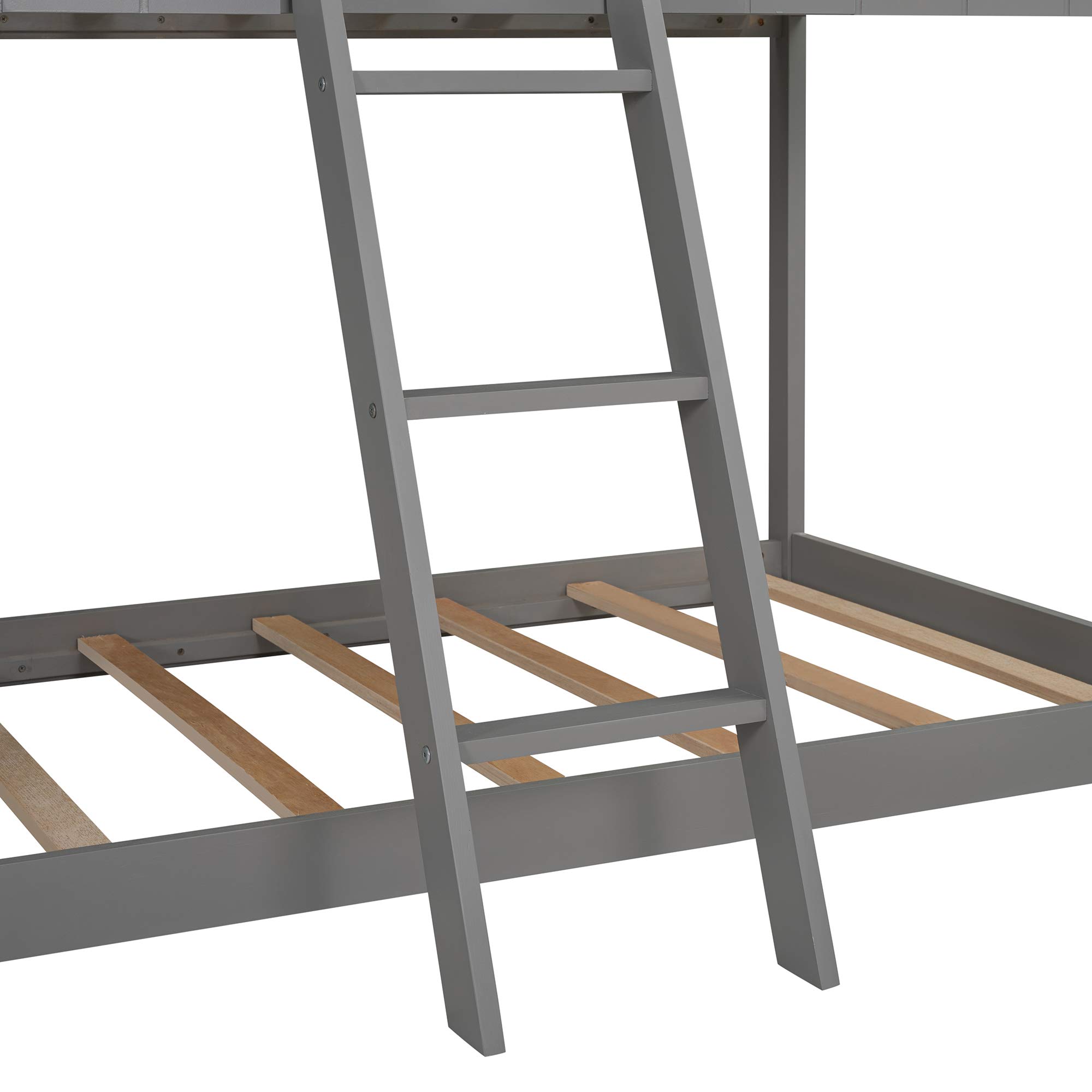House-Shaped Twin Over Twin Low Wood Bunk Bed for Kids & Toddlers - Gray with Roof, Window, Guardrail & Ladder | Safe Kids Bedroom Furniture for Small Spaces, Sleepovers & Shared Rooms