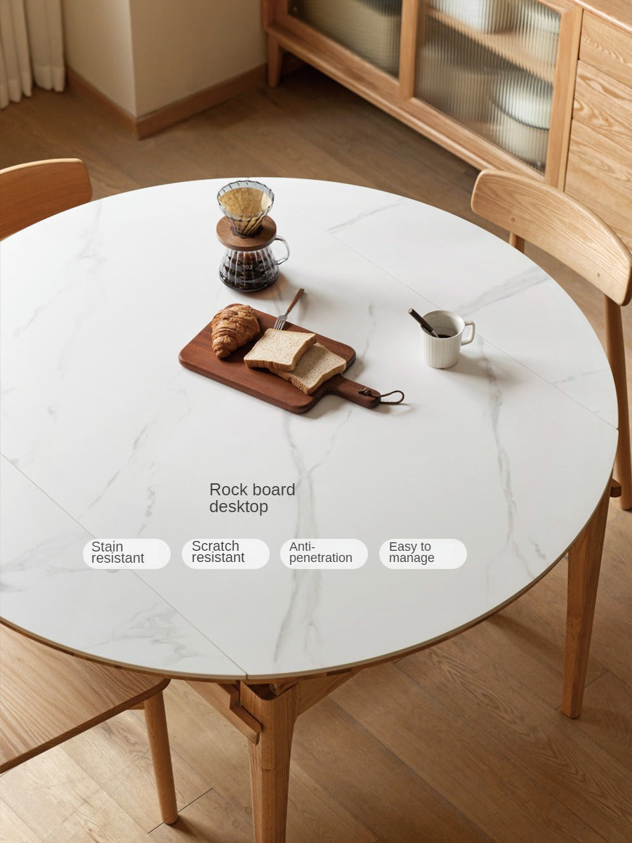 Solid Oak Round Folding Dining Table with Natural Stone Slab Top - Perfect for Small Spaces, Outdoor Dining & Home Decor
