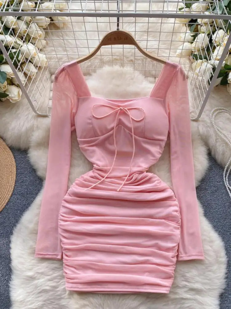 Elegant Black & Pink Mesh Mini Dress for Women - French Purple Square Collar Lace-Up Pleated Party Dress | Perfect for Date Night, Cocktail Parties & Special Occasions