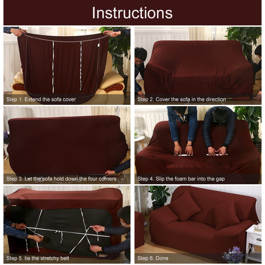 L-Shape Sectional Sofa Cover 2-Piece Set - Stretchable Polyester Slipcover for 3+4 Seater L-Shaped Couches with 2 Pillow Covers, Coffee Brown - Perfect for Living Room, Family Room & Home Theater Furniture Protection
