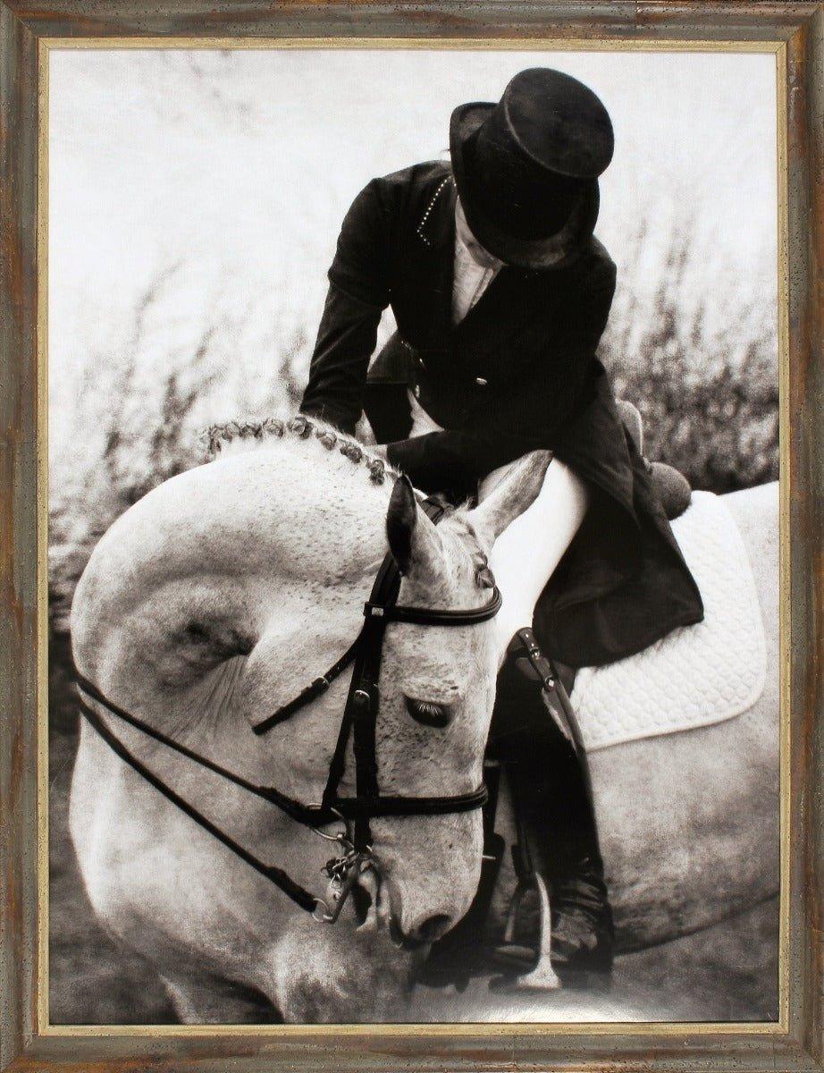Elegant Black & White Horse and Rider Dressage Wall Art in Gold Accent Frame - Perfect for Equestrian Home Decor & Living Room Wall Art