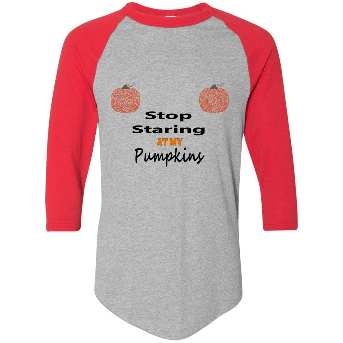 WineyBitches.Co Stop Staring At My Pumpkins Colorblock Raglan Jersey - Trendy Women's Fall Sweatshirt for Halloween, Thanksgiving & Cozy Seasonal Outfits
