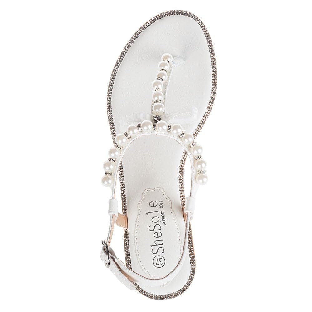 SheSole Women's Pearl T-Strap Flat Sandals - Elegant Bridal Wedding Shoes for Bride, Beach Ceremony, Photoshoot & Special Occasions