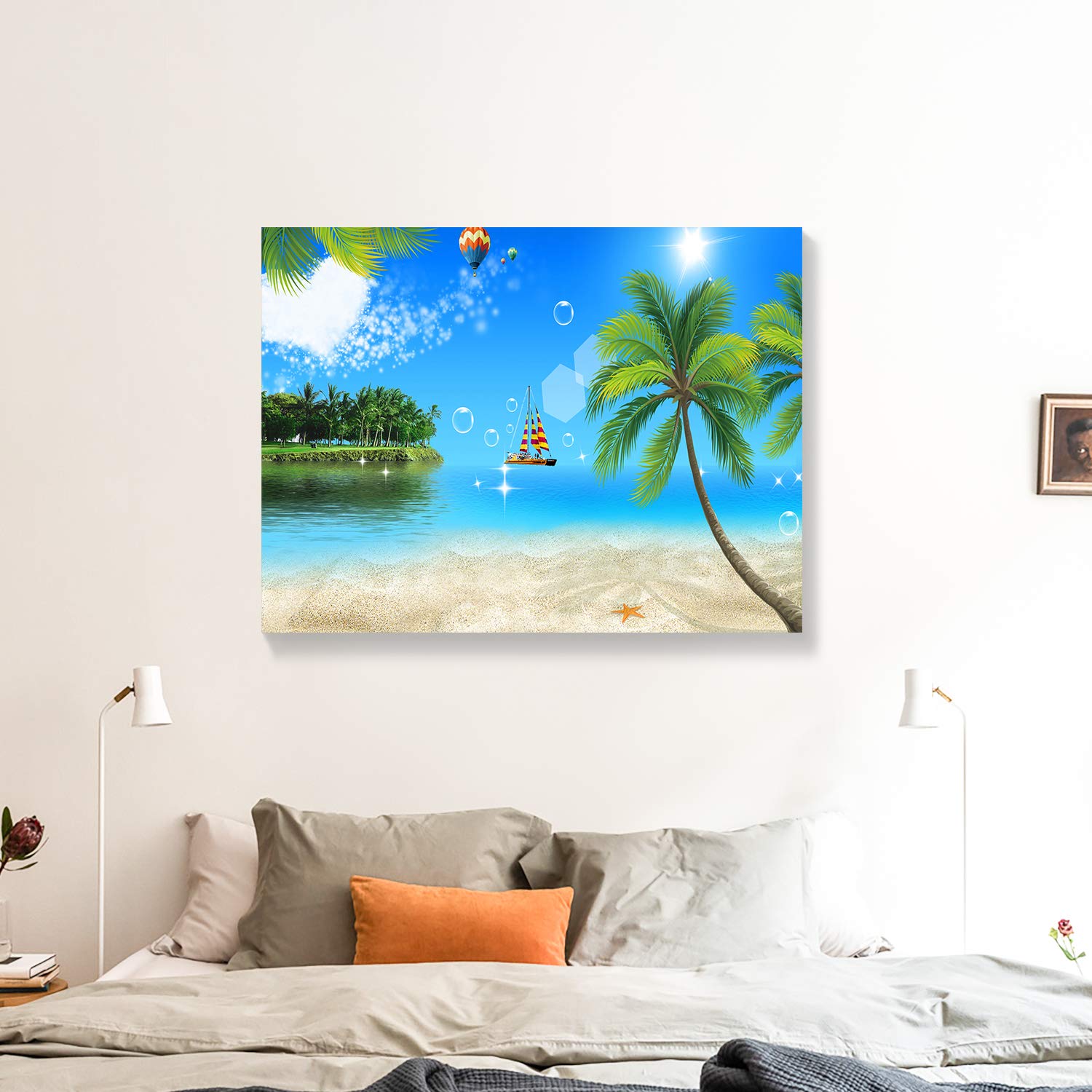 Looife 32x24 Inch Tropical Palm Tree Beach Canvas Print - Ocean Scenery Wall Art Decor with Bubbles, Giclee Artwork Ready to Hang | Perfect for Living Room, Bedroom & Beach House Decor