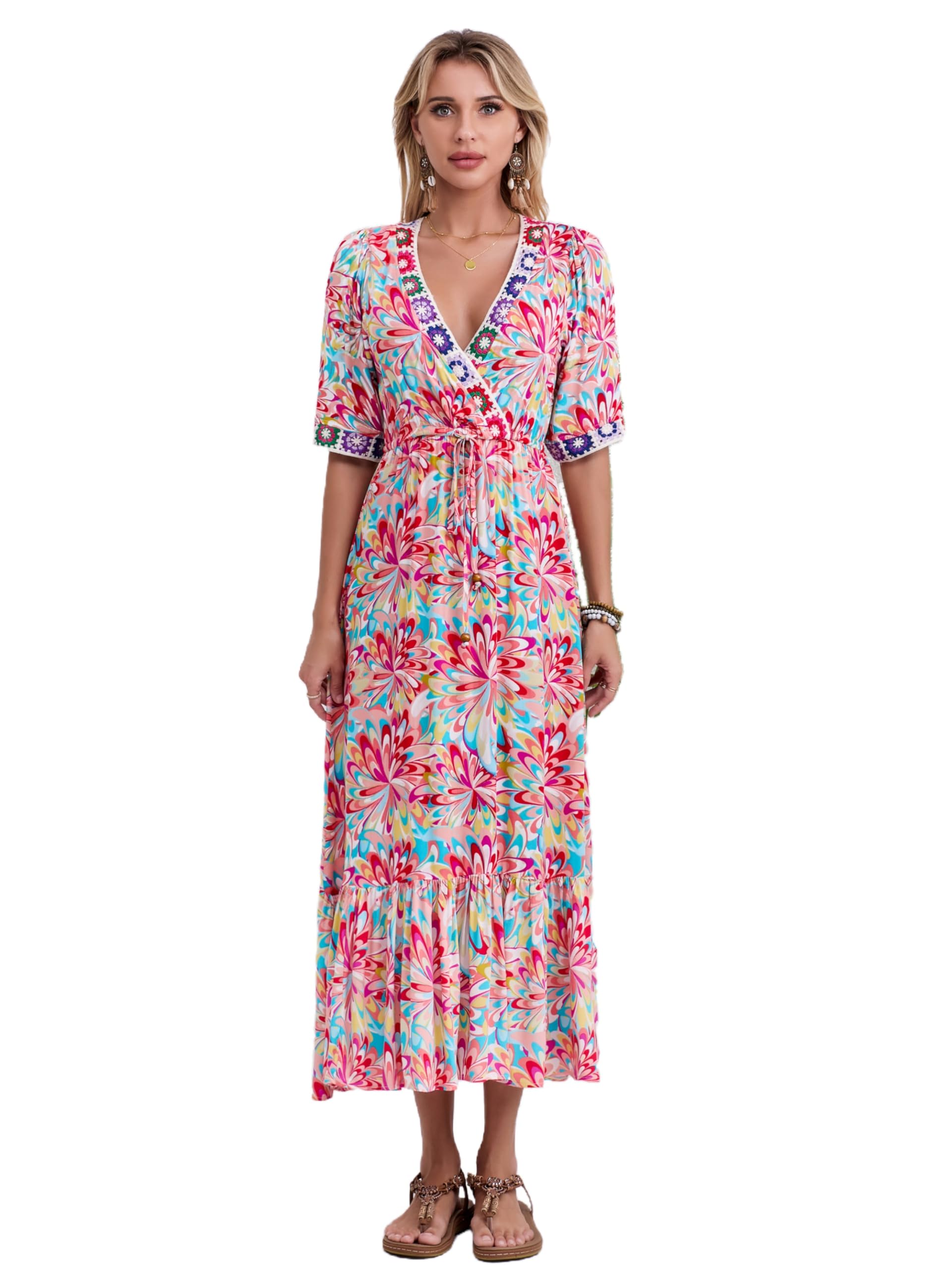 Women's Floral Print V-Neck Short Sleeve High Waist Bohemian Midi Dress - Perfect for Summer Casual Wear, Beach Vacation & Boho Chic Outfits