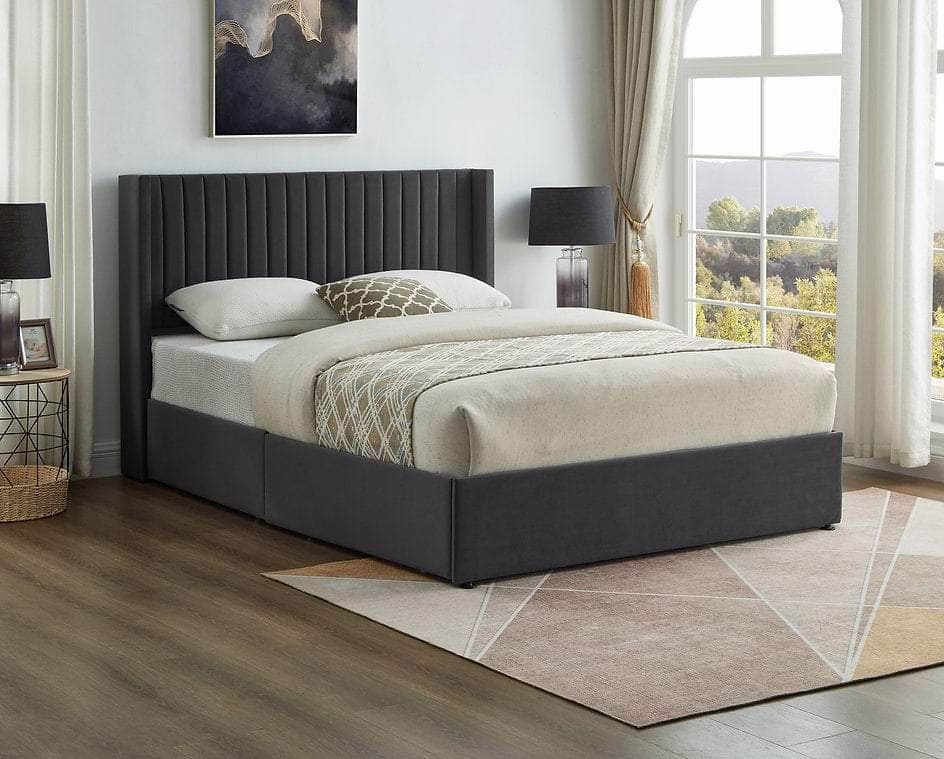 Yorkton Grey Velvet Wingback Platform Bed with 4 Storage Drawers - Queen & King Size - Luxurious Upholstered Bed Frame for Master Bedroom or Guest Room