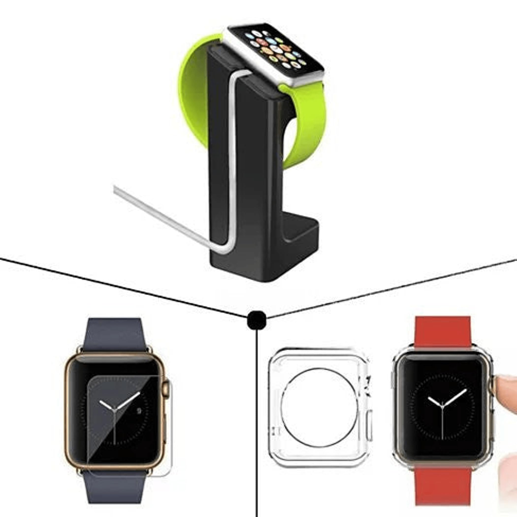 Apple Watch Nightstand Dock Charging Station with 9H Tempered Glass Screen Protector - Compatible with Apple Watch Series 1/2/3/4/5/6/7/8/SE (42mm/44mm/45mm) - Lime Green - Perfect for Bedside Charging & Nightstand Display