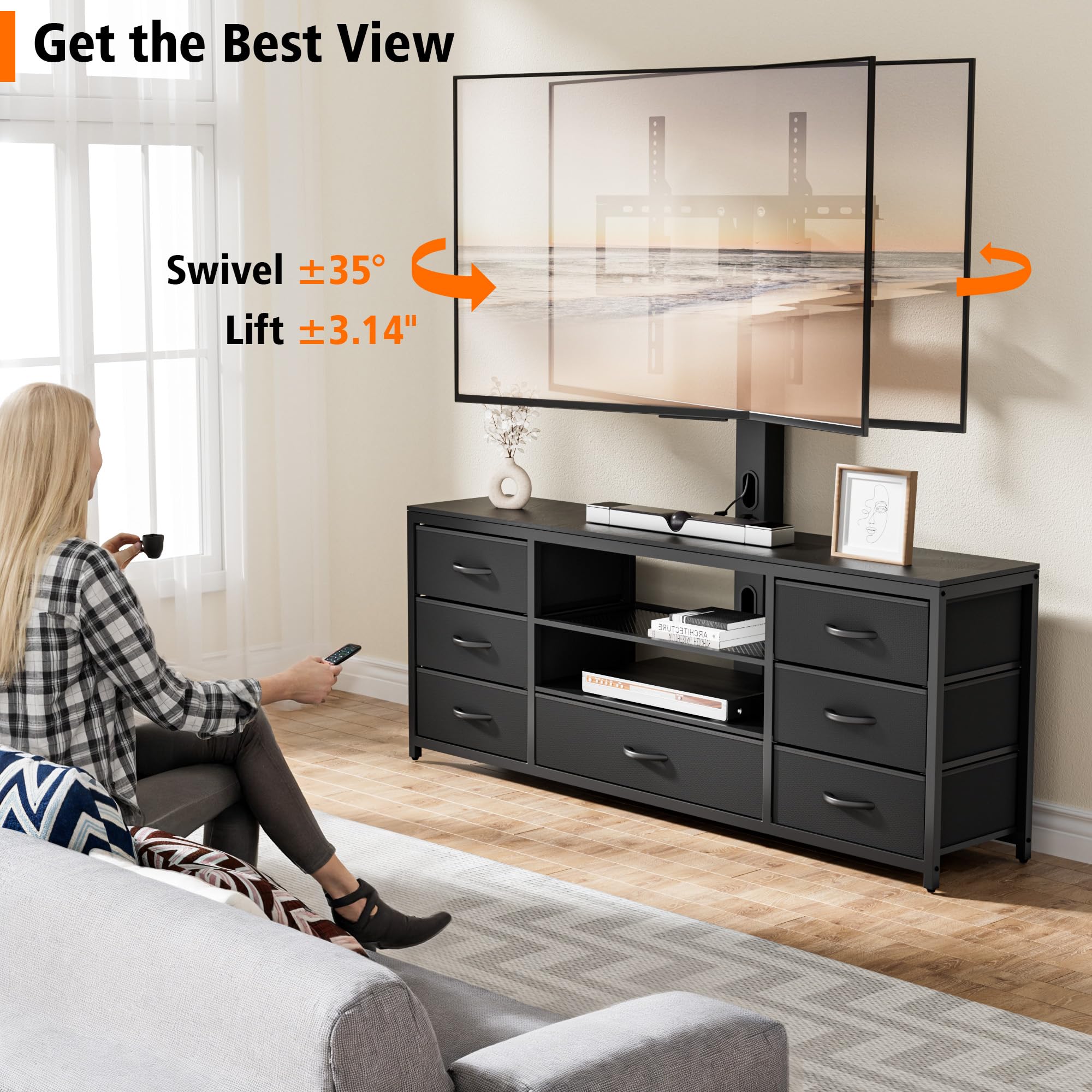 TV Stand with Mount & 7 Fabric Drawers - LED Entertainment Center with Power Outlets for 32-70 Inch TVs - Black Media Console with Open Shelves - Perfect for Living Room & Bedroom - Ideal for Gaming, Movie Nights & Home Entertainment