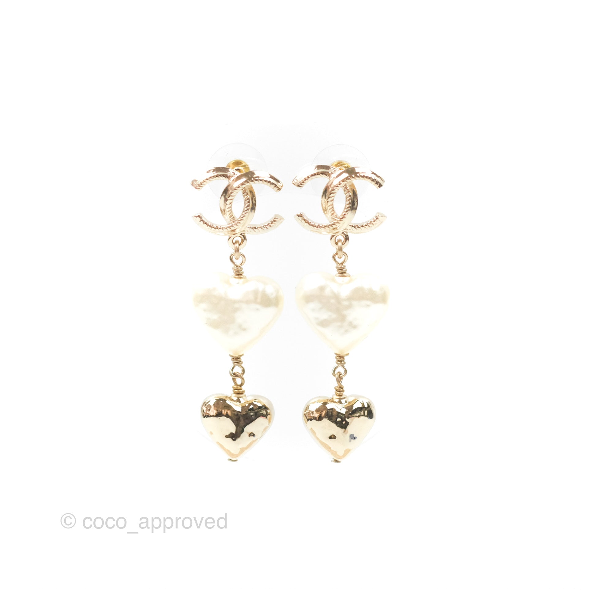 Chanel CC Pearl Heart Drop Earrings Gold Tone 22C - Luxury Fashion Jewelry for Women, Perfect for Weddings, Parties & Special Occasions