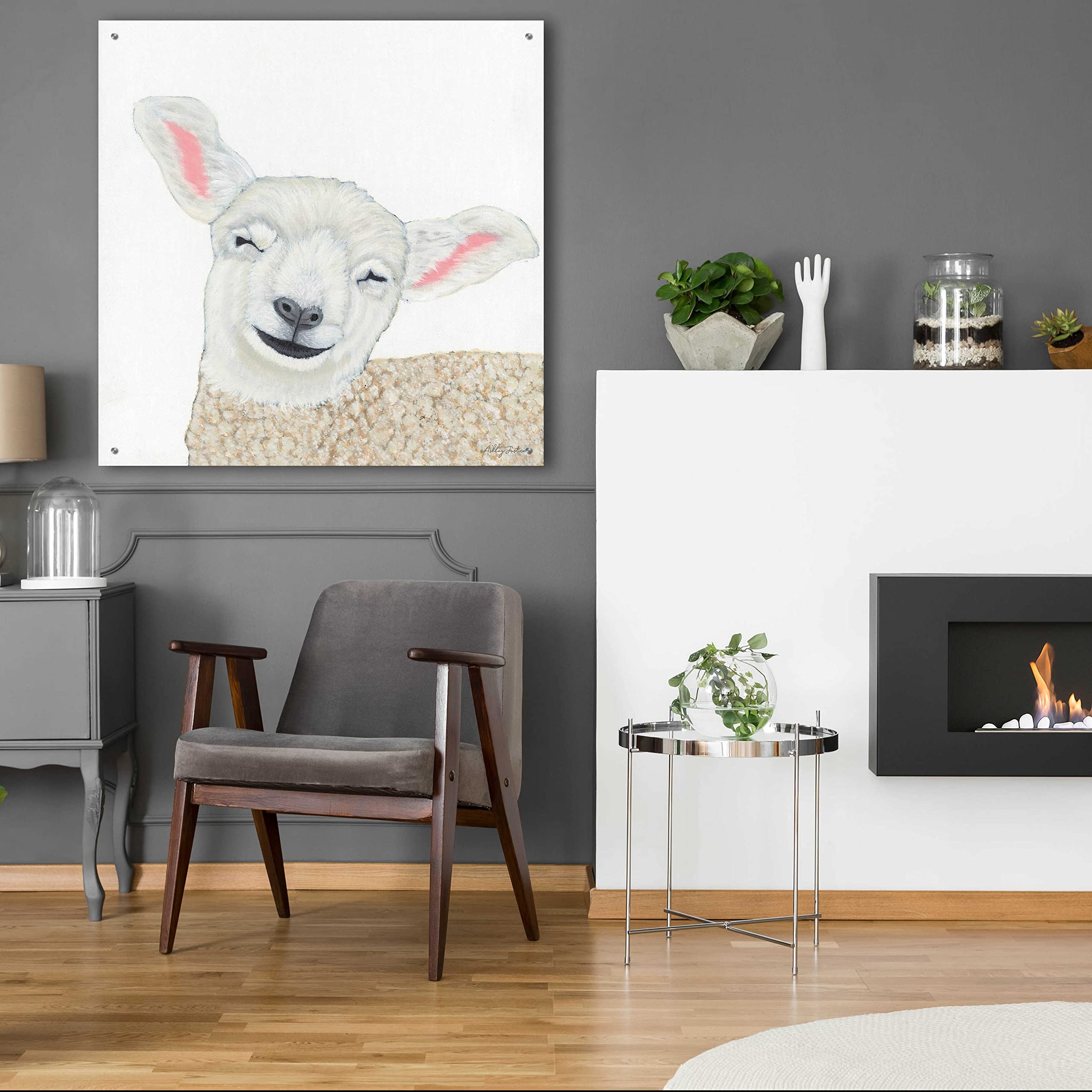 Epic 'Smiling Sheep' Acrylic Glass Wall Art by Ashley Justice - 36x36 Inches Modern Home Decor for Living Room, Bedroom & Office