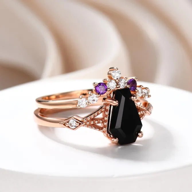 Vintage Coffin Cut Black Onyx & Amethyst Ring Set - Unique 9x6mm Gothic Jewelry for Women - Perfect for Halloween, Dark Aesthetic & Alternative Fashion Lovers