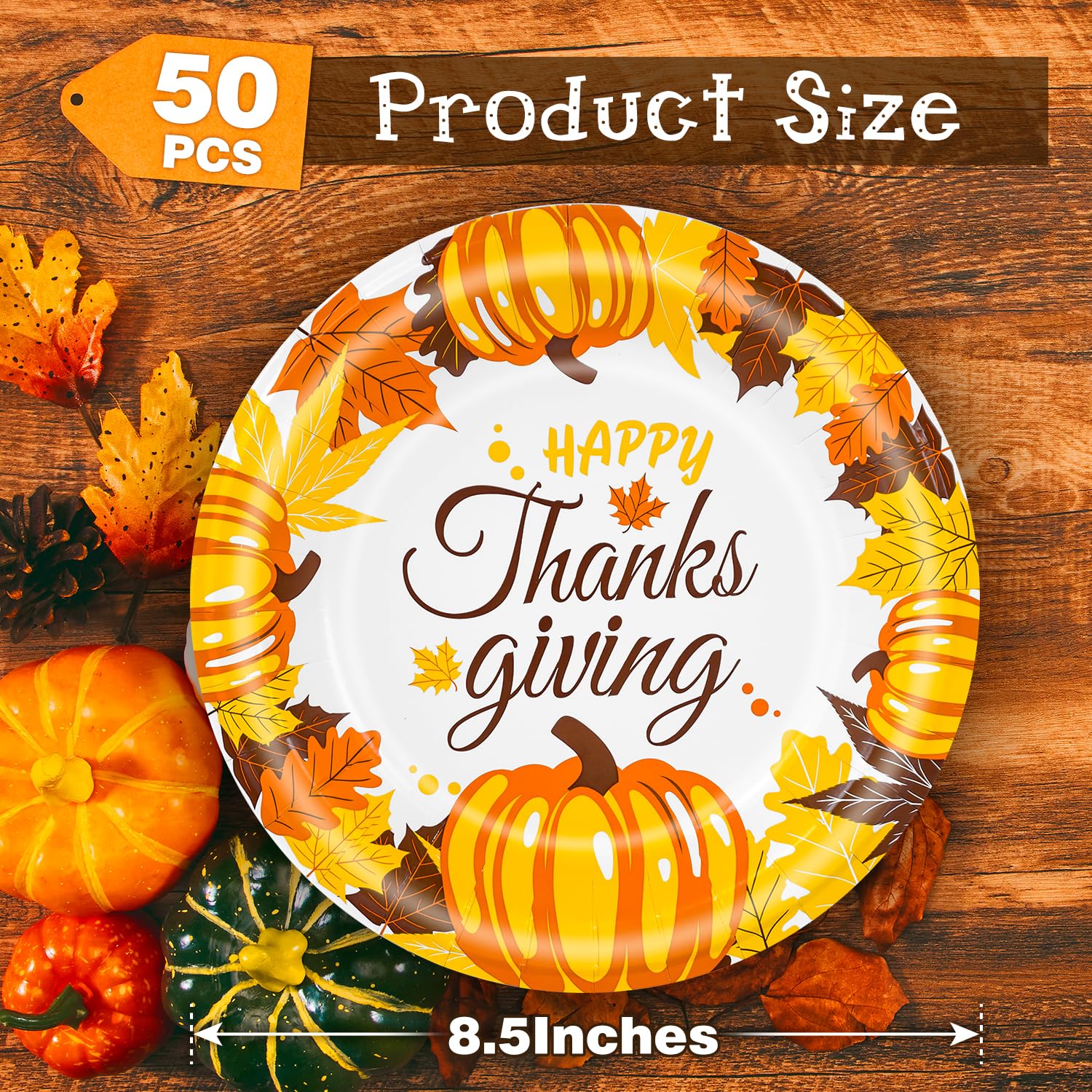 Charmount 50-Pack Thanksgiving Paper Plates 8.5 Inch - Fall Autumn Leaves Pumpkin Design Disposable Dinner Plates for Holiday Parties, Family Gatherings & Dessert Serving (Heavy Duty Bulk Paper Plates) - Perfect for Thanksgiving Dinner, Halloween Parties, Autumn Celebrations & Office Potlucks