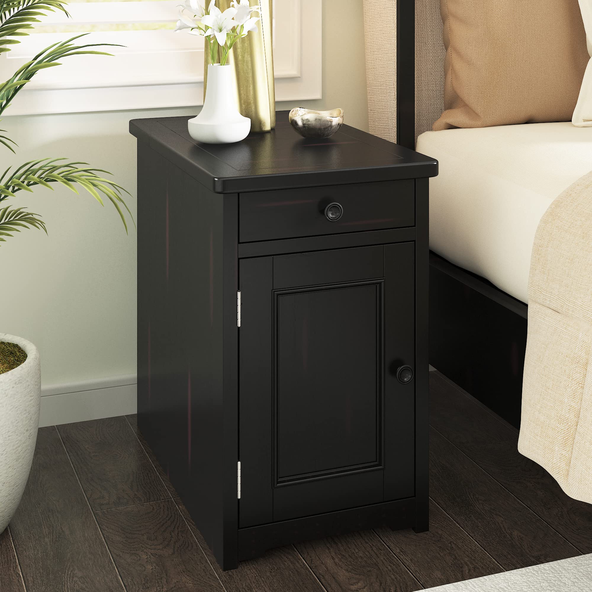 Vintage Nightstand with USB Ports, 1 Drawer & Cup Holders - Narrow Bedside Table with Storage Cabinet - Multifunctional End Table for Bedroom & Living Room (Espresso) - Perfect for Small Spaces, Charging Devices & Organizing Essentials