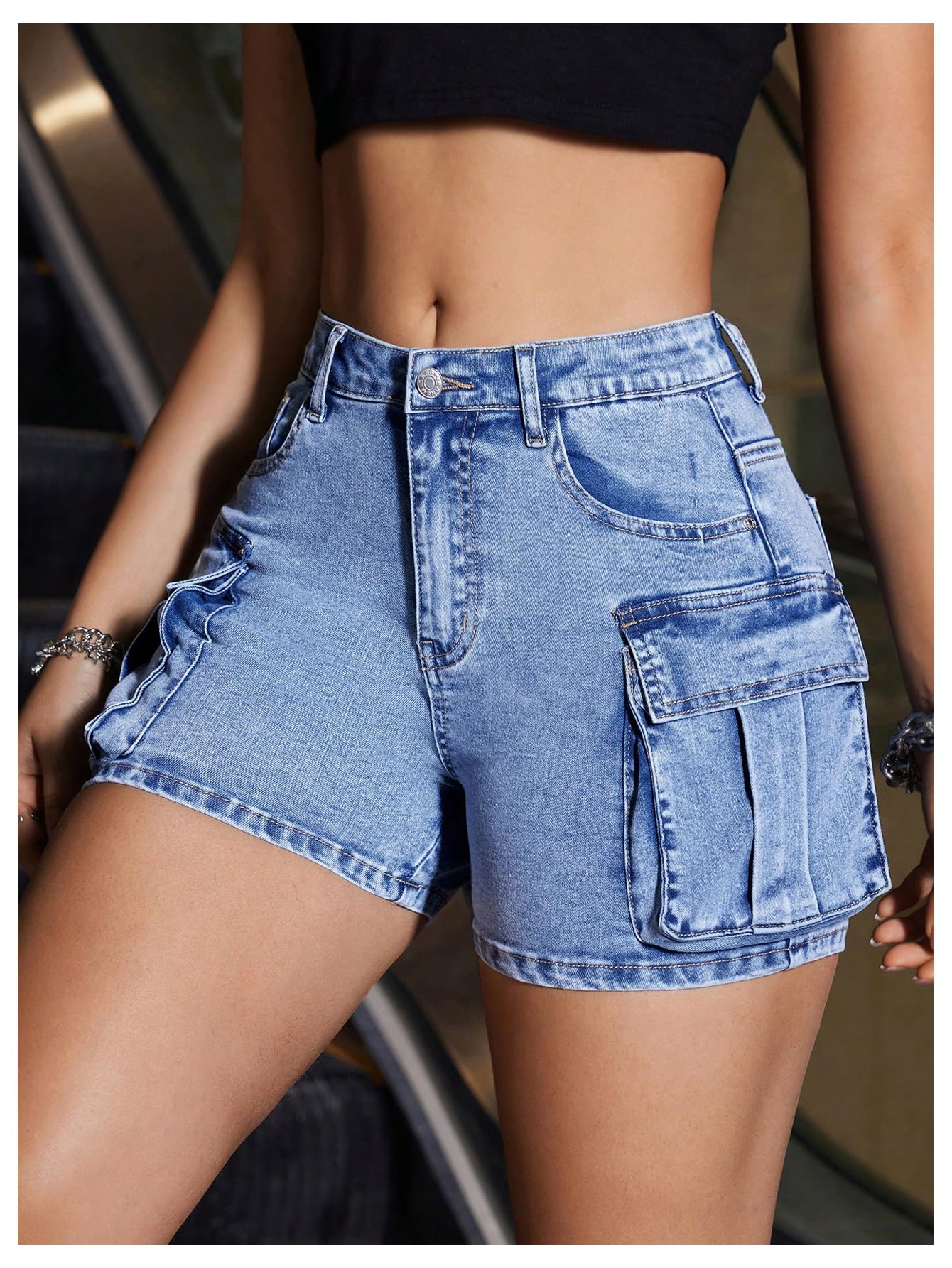 SweatyRocks Women's High Waist Skinny Fit Cargo Shorts with Stretchy Pockets - Comfortable Denim Shorts for Summer, Casual Wear, and Outdoor Activities