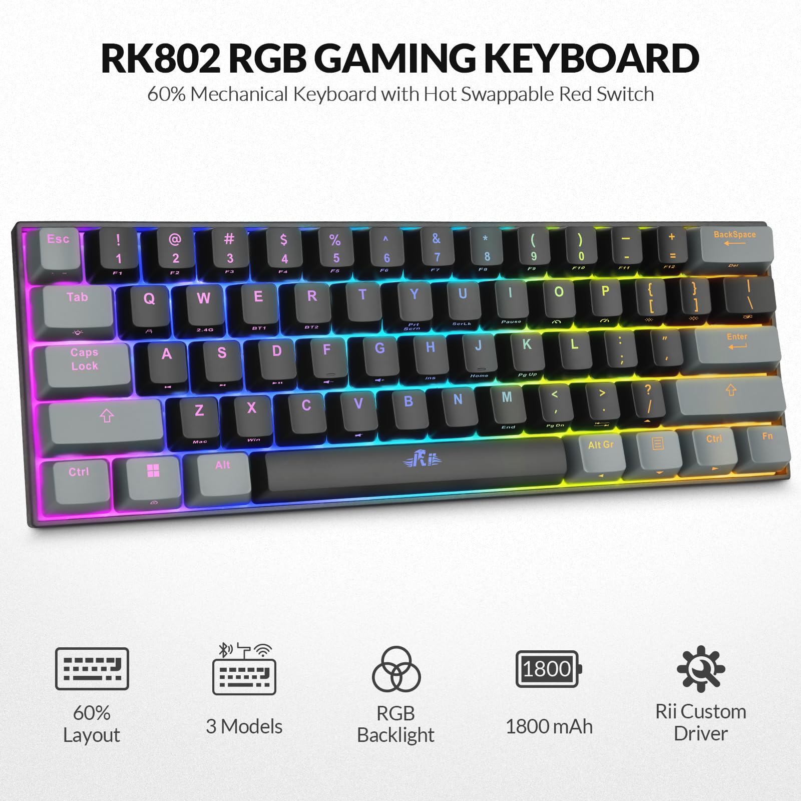 Rii 60% Compact Mechanical Gaming Keyboard - Bluetooth 5.0/Wired USB-C/2.4GHz Wireless, RGB Backlit, Linear Red Switches, PBT Keycaps, QMK/VIA Programmable for Windows/Mac/PC/Laptop (Black) - Perfect for Esports, Office Work & Travel