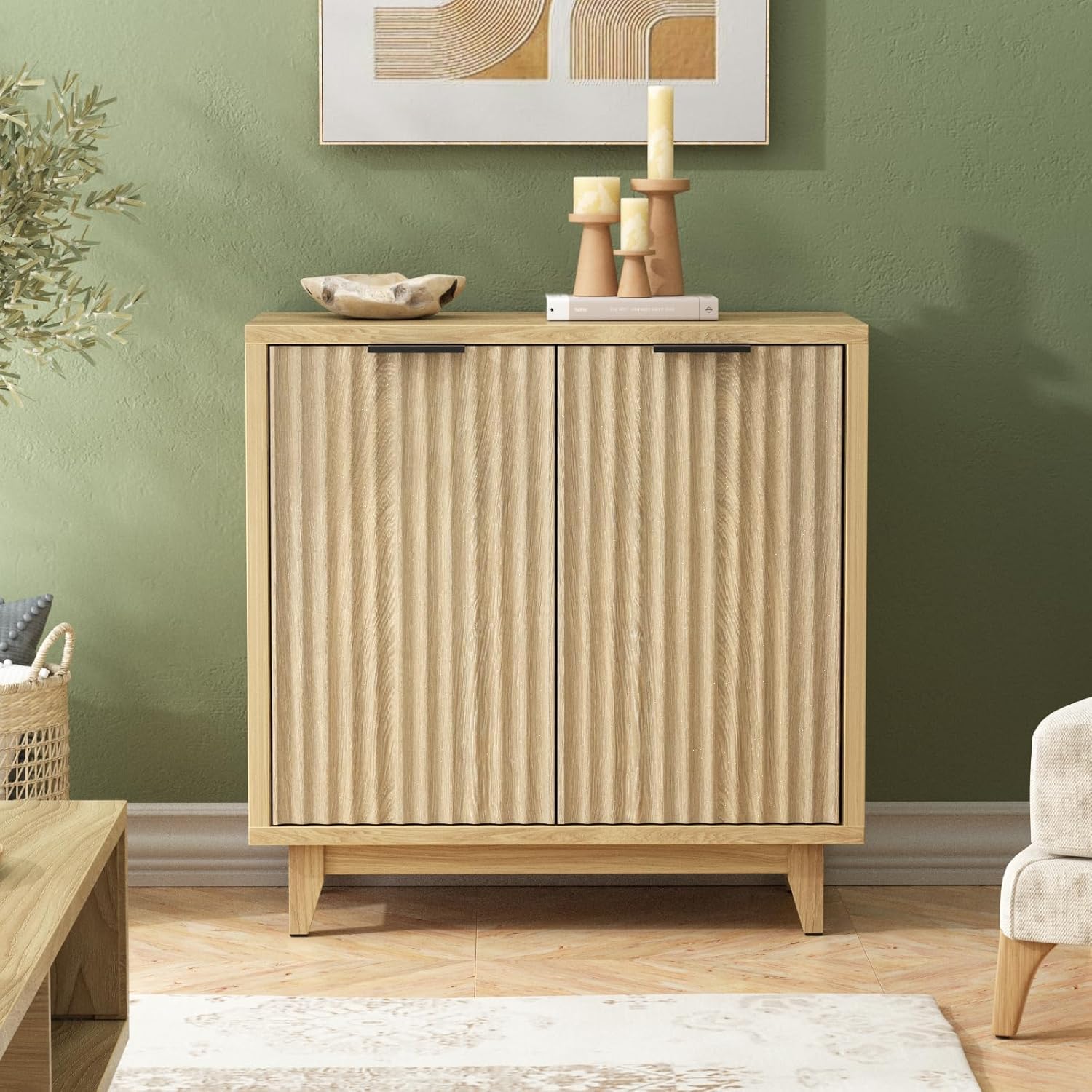 Mid Century Modern Fluted Sideboard Buffet Cabinet with 2 Doors & Adjustable Shelves - Multifunctional Storage Console Table for Living Room, Kitchen, Entryway - Perfect for Dining Room Storage, Hallway Organization & Home Decor