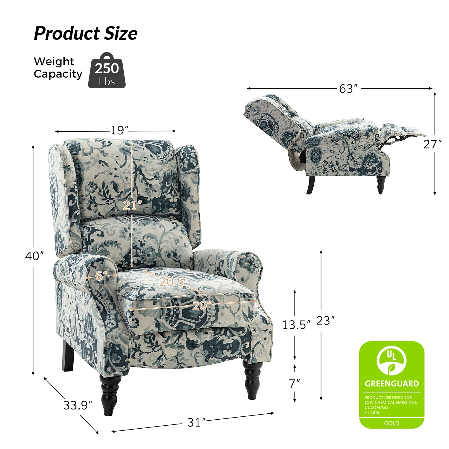Erdeni Upholstered Manual Wingback Recliner Chair - Comfortable Living Room Armchair with Smooth Reclining Mechanism - Perfect for Home Theater, Reading Nook & Relaxation