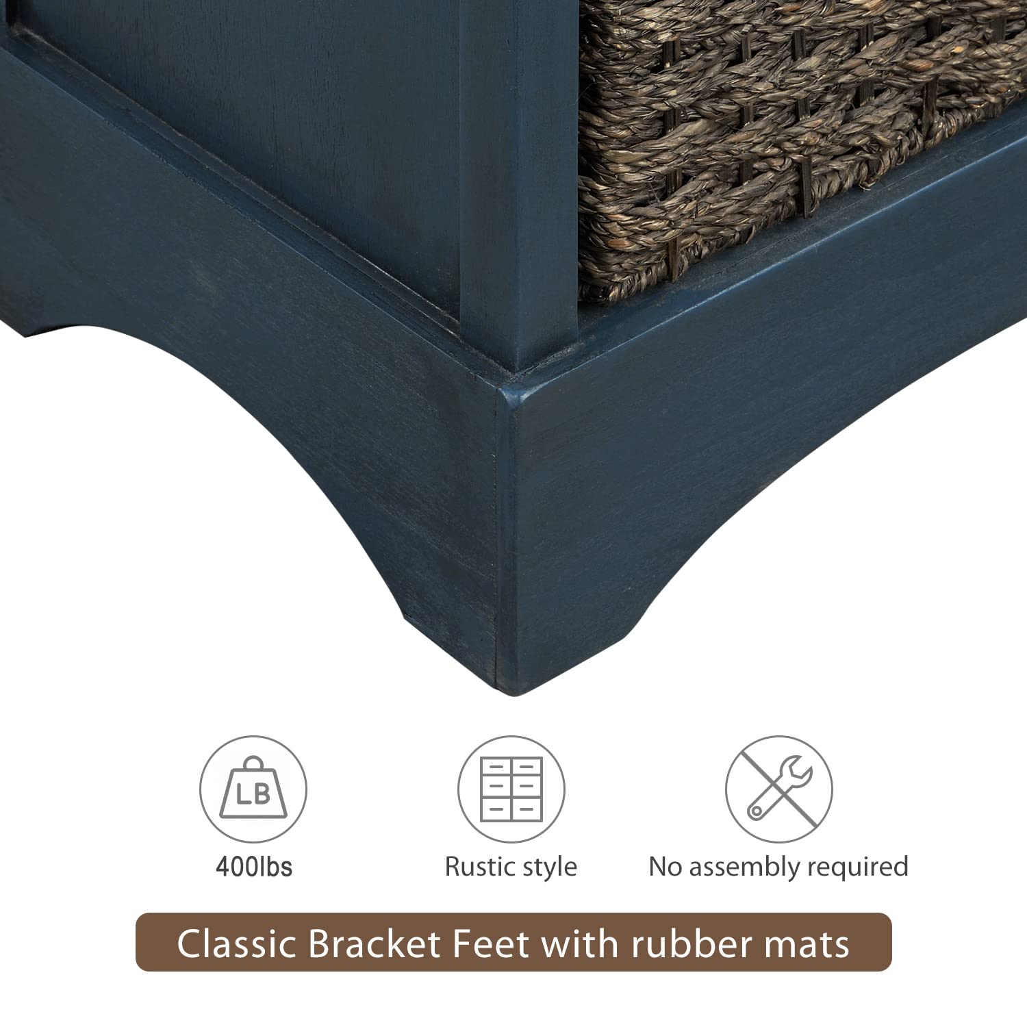P PURLOVE Rustic Storage Cabinet with 2 Wood Drawers & 4 Wicker Baskets - Antique Navy Organizer for Home, Kitchen, Entryway, Living Room | Perfect for Farmhouse Decor, Bathroom Storage & Bedroom Organization
