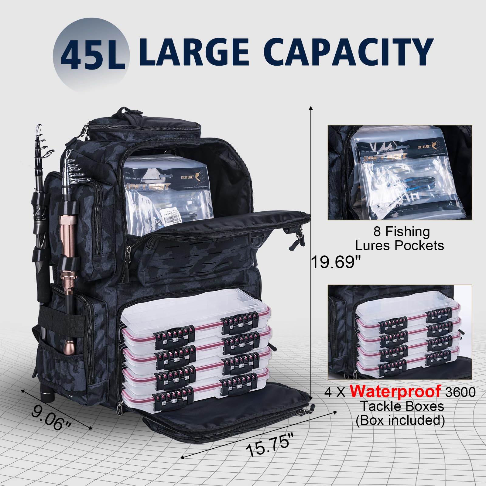 Goture 45L 600D Fishing Backpack with 4 Tackle Boxes & Rod Holders - Large Waterproof Fishing Gear Storage Bag with 8 Lure Pockets & Rain Cover - Perfect for Camping, Hiking, Bass Fishing & Outdoor Adventures