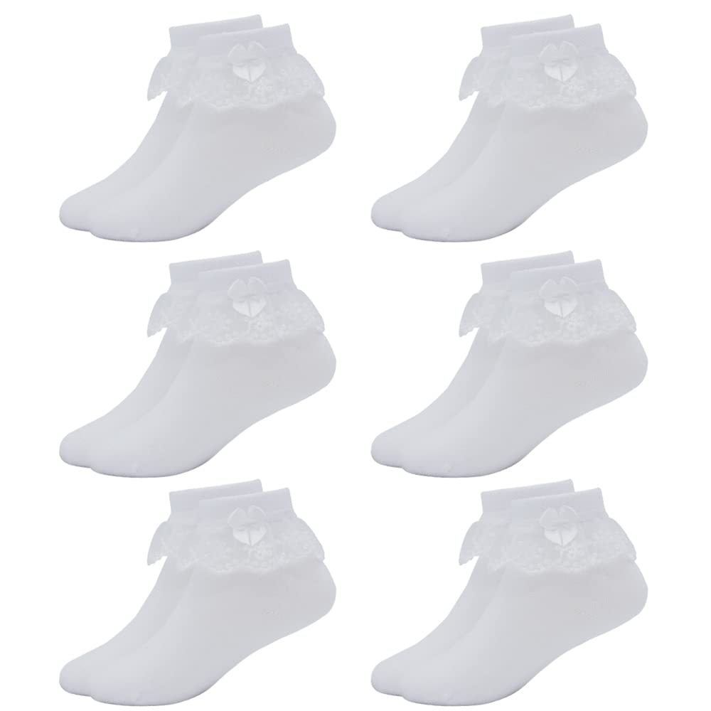 Girls Ruffle School Socks - White Cotton Ankle Socks with Frilly Lace Trim & Bows for Kids Ages 3-16 | Comfortable Everyday Wear for School, Play & Dress Up