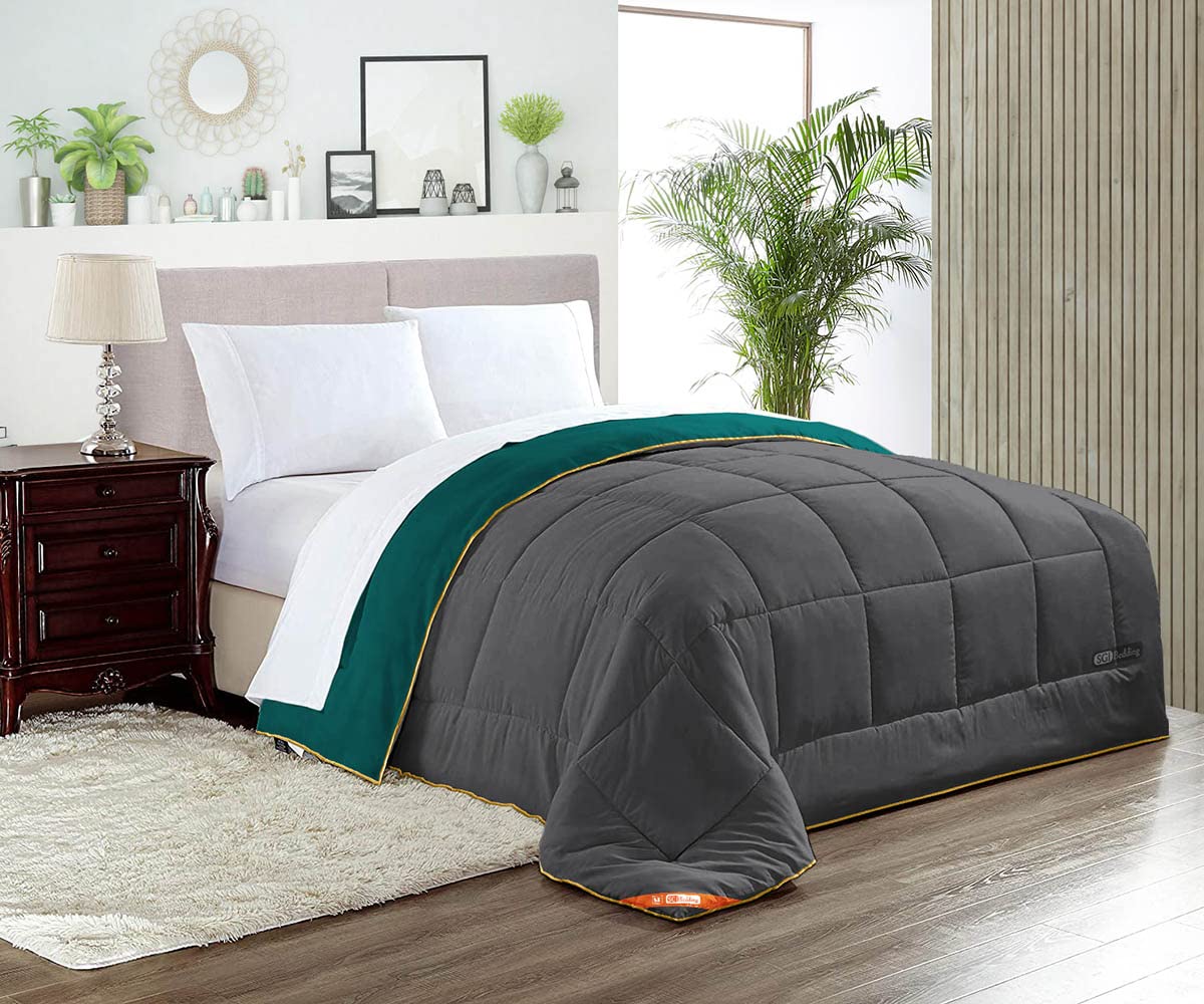 SGI Down Alternative Twin Comforter - 300 GSM Plush Siliconized Fiberfill, Teal/Dark Gray, Box Stitched Quilted Duvet Insert with Golden Piping | Ultra Soft & Hypoallergenic Bedding for All Seasons - Perfect for Guest Rooms, Dorms & Cozy Bedrooms
