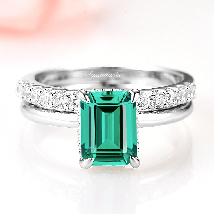 Hidden Halo Emerald Ring Set - 925 Sterling Silver Wedding Engagement Ring for Women, Perfect for Anniversary, Proposal & Special Occasions