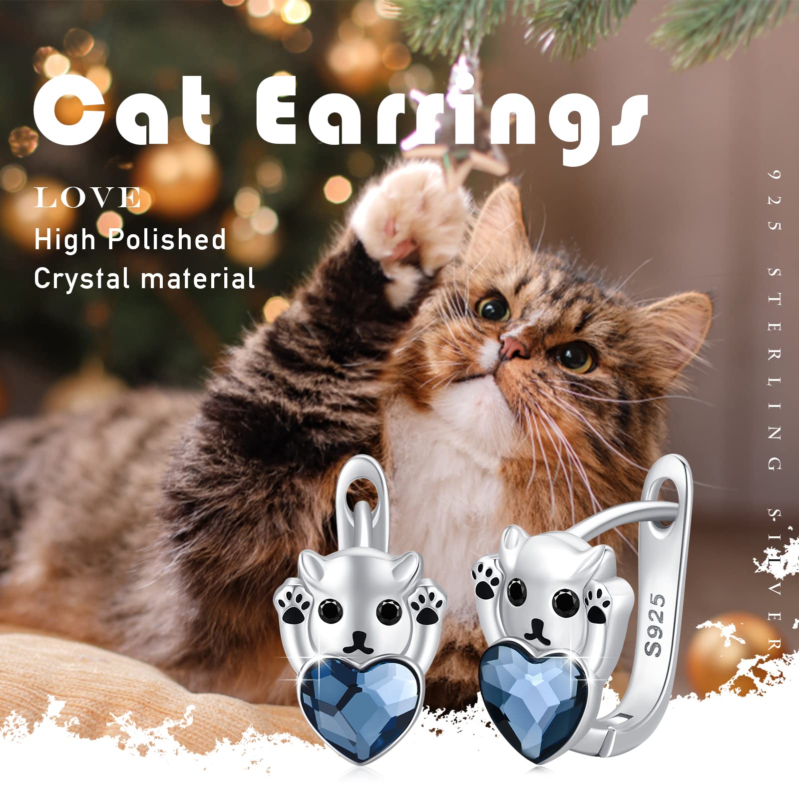 Blue Crystal Cat Earrings Sterling Silver Huggie Hoop Drop Leverback Earrings - Cute Animal Lover Jewelry Gift for Women, Wife, Mother, Daughter & Girlfriend - Perfect for Casual Wear, Parties & Cat-Themed Occasions