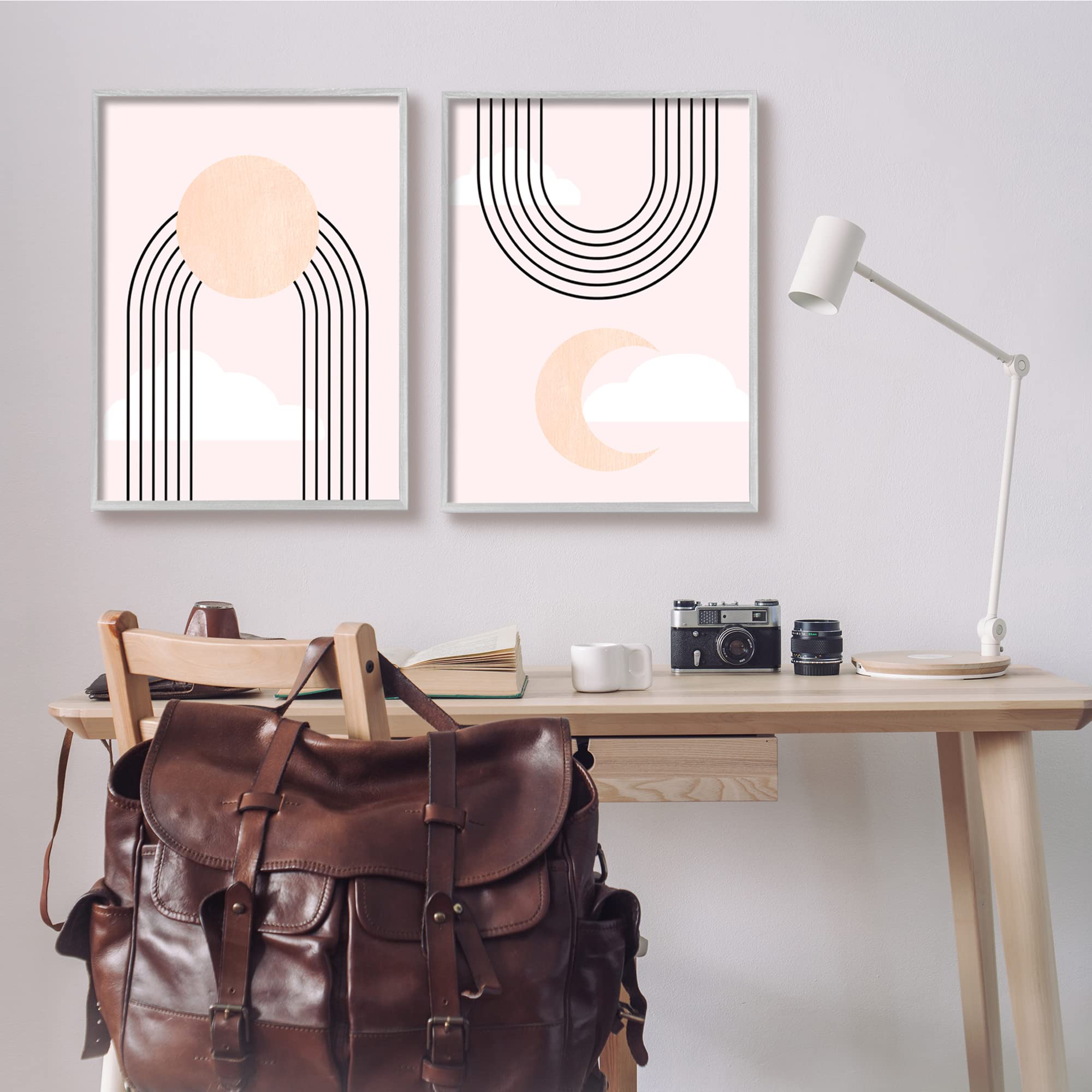 Stupell Industries Abstract Pink Sky Wall Art - Rising Sun Rainbow Crescent Moon Design by Daphne Polselli, 24x30 Inch Gray Framed Canvas Painting for Living Room, Bedroom & Office Decor