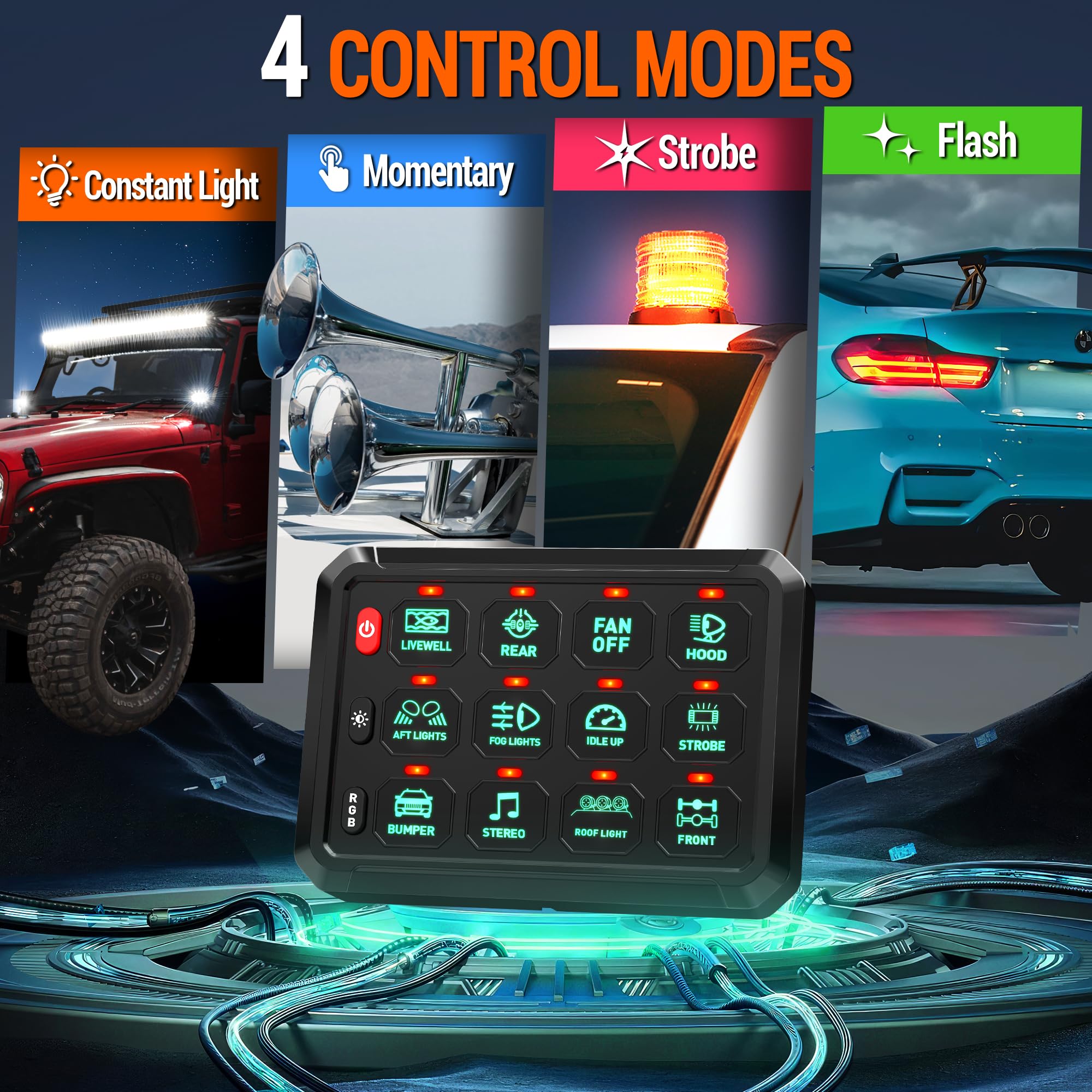 12 Gang Universal Switch Panel with LED & Touch Control - Waterproof Circuit Relay System for Cars, Boats, Trucks, UTVs & ATVs - Perfect for Off-Road, Marine & RV Lighting Control
