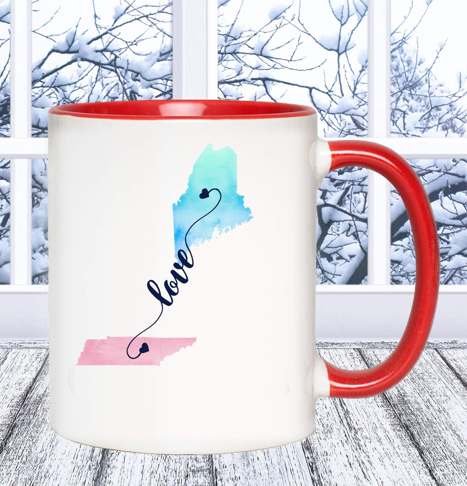 Maine and Tennessee Coffee Mug - 11oz Red Accent Cup, Perfect Mother's Day Gift for Mom, Distance Gifts for ME & TN Moms, Ideal for Coffee, Tea, or Hot Chocolate at Home or Office