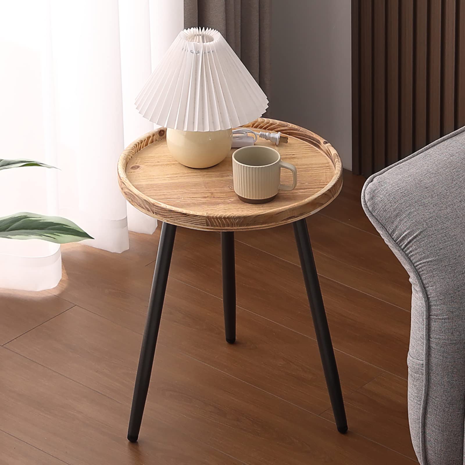 Round End Table with Wooden Tray - Small Side Table, Nightstand or Accent Coffee Table for Living Room, Bedroom & Office - Perfect for Small Spaces, Reading Nooks & Coffee Stations