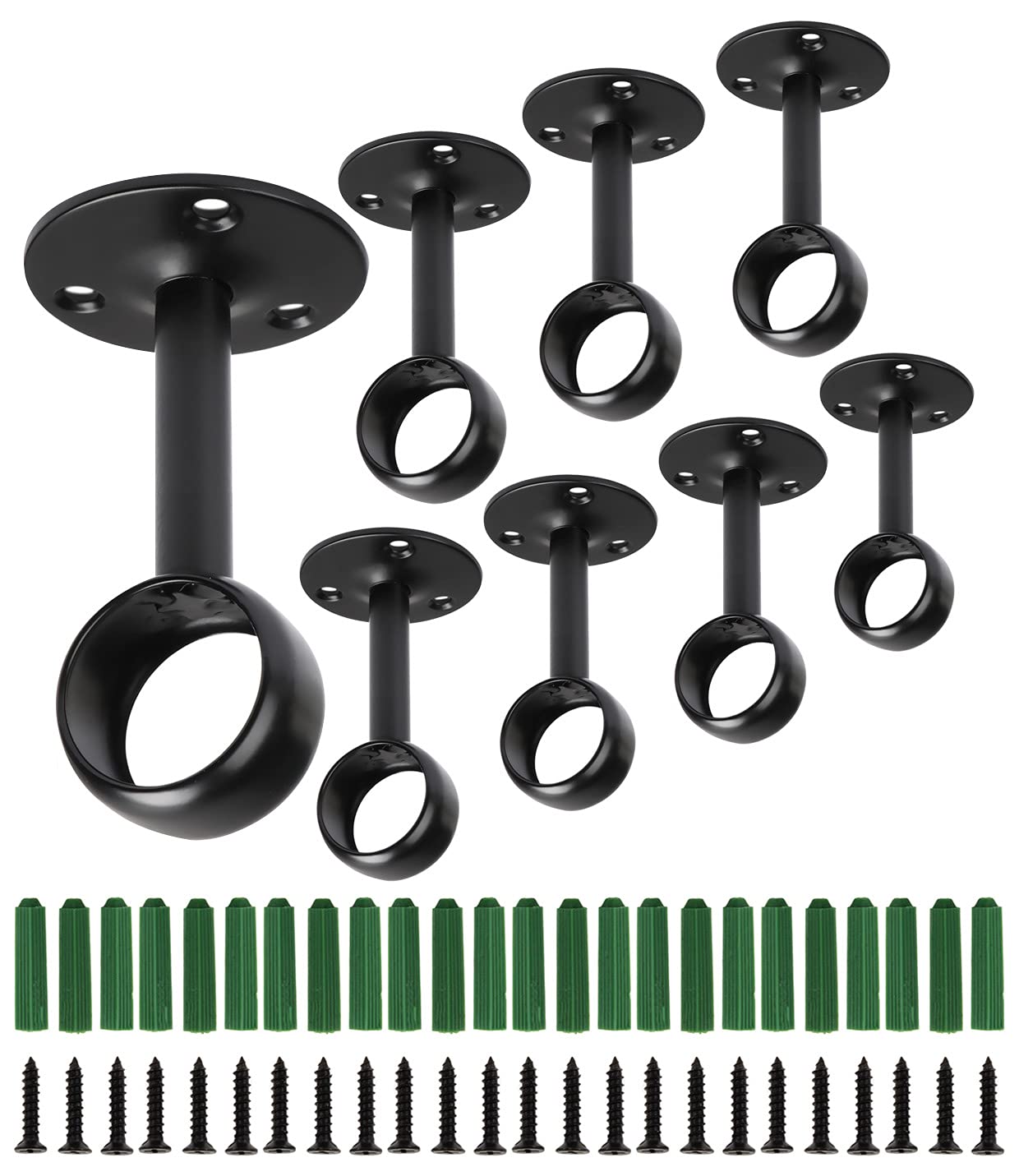Jimmus 8-Piece 1-Inch Heavy Duty Stainless Steel Ceiling Mount Curtain Rod Brackets - Flange Closet Rod Holder & Pole End Supports Socket in Black - Perfect for Bedroom, Living Room & Closet Organization
