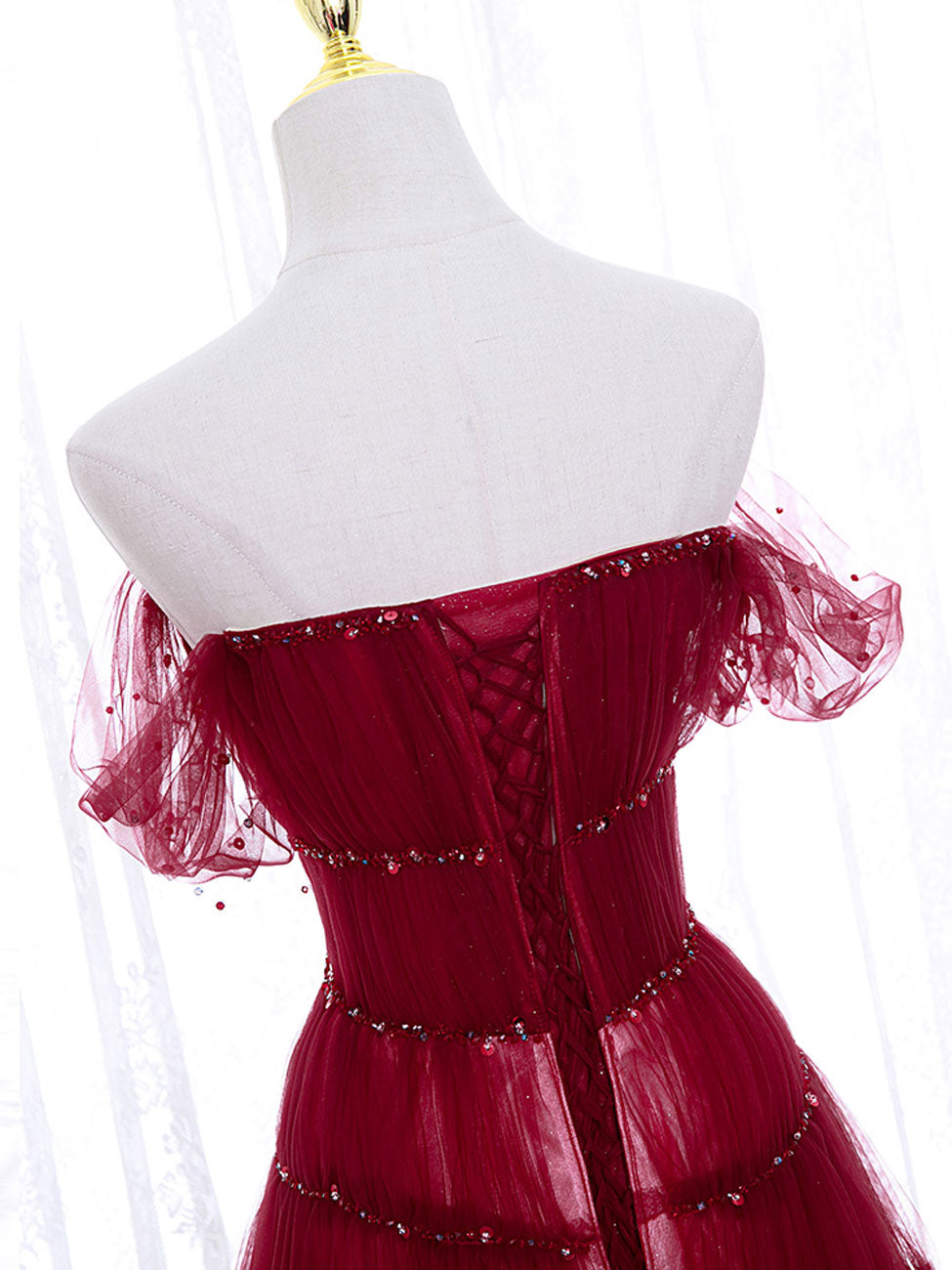 Elegant Burgundy Off Shoulder Long Prom Dress with Beading Sequin - Formal Evening Gown for Homecoming, Ball, Wedding & Special Occasions