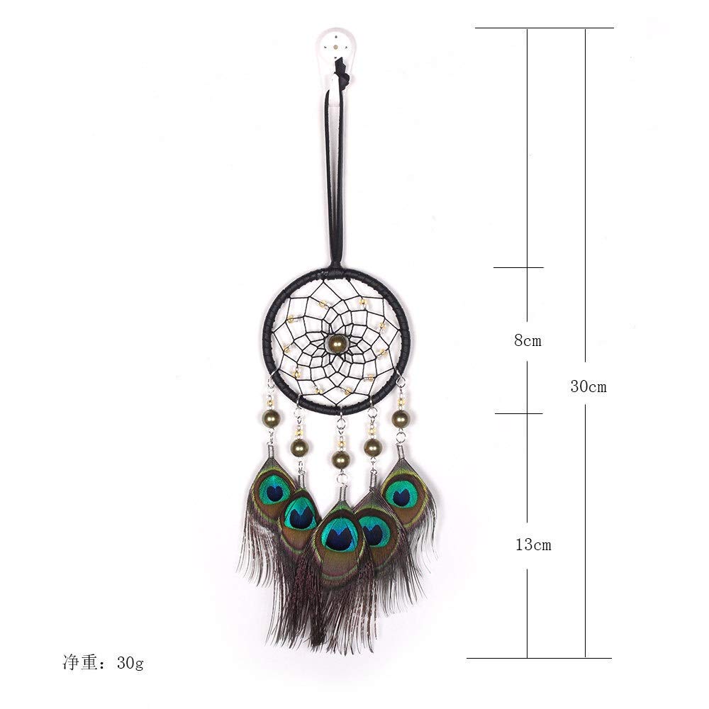 Handmade Dream Catcher with Peacock Feathers - Boho Wall Hanging Decor for Bedroom, Nursery, Living Room & Car - Natural Wind Chimes for Home & Office Decoration
