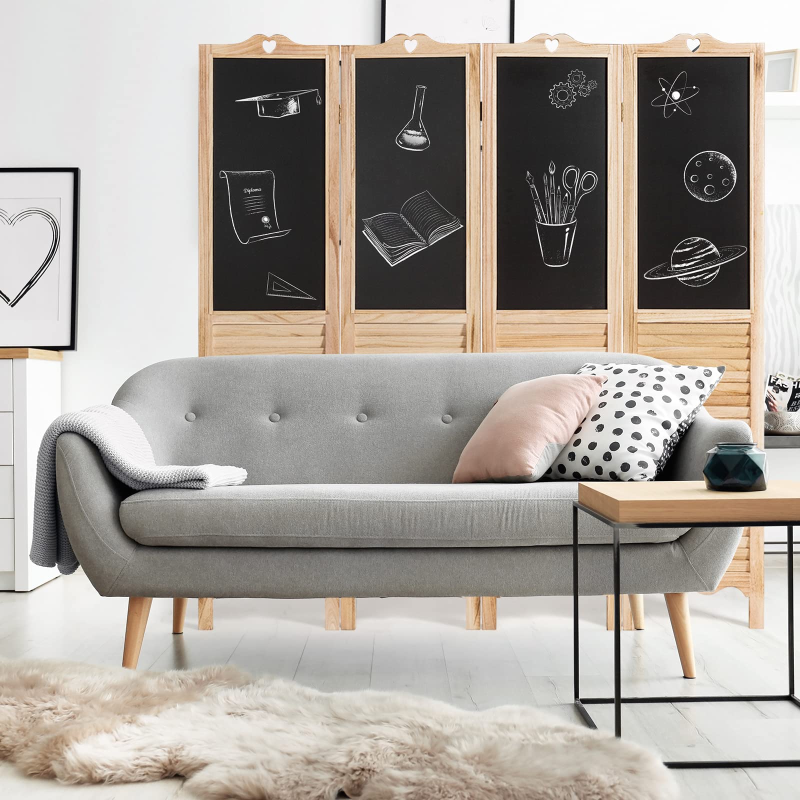 Happygrill 4 Panel Wooden Room Divider with Chalkboard - 5.7 Ft Tall Folding Privacy Screen for Bedroom, Office, Living Room & Restaurant - Perfect for Space Partition, Home Decor & Creative Note-Taking