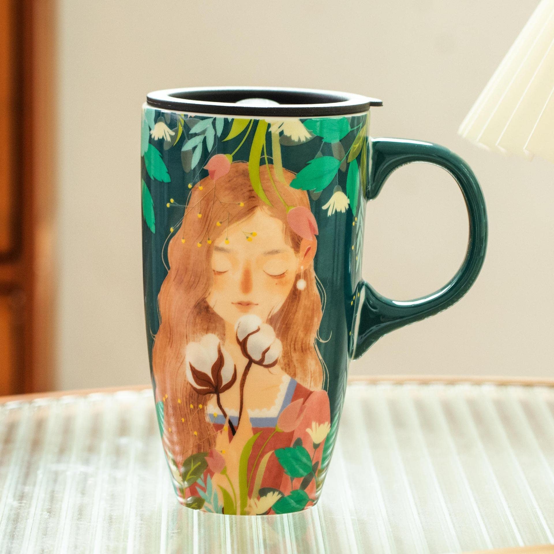 Forest Girl Ceramic Coffee Mug with Lid - Cute Cartoon Painting Design for Tea, Milk & Hot Drinks - Perfect Birthday Gift for Home & Office Use (Green)