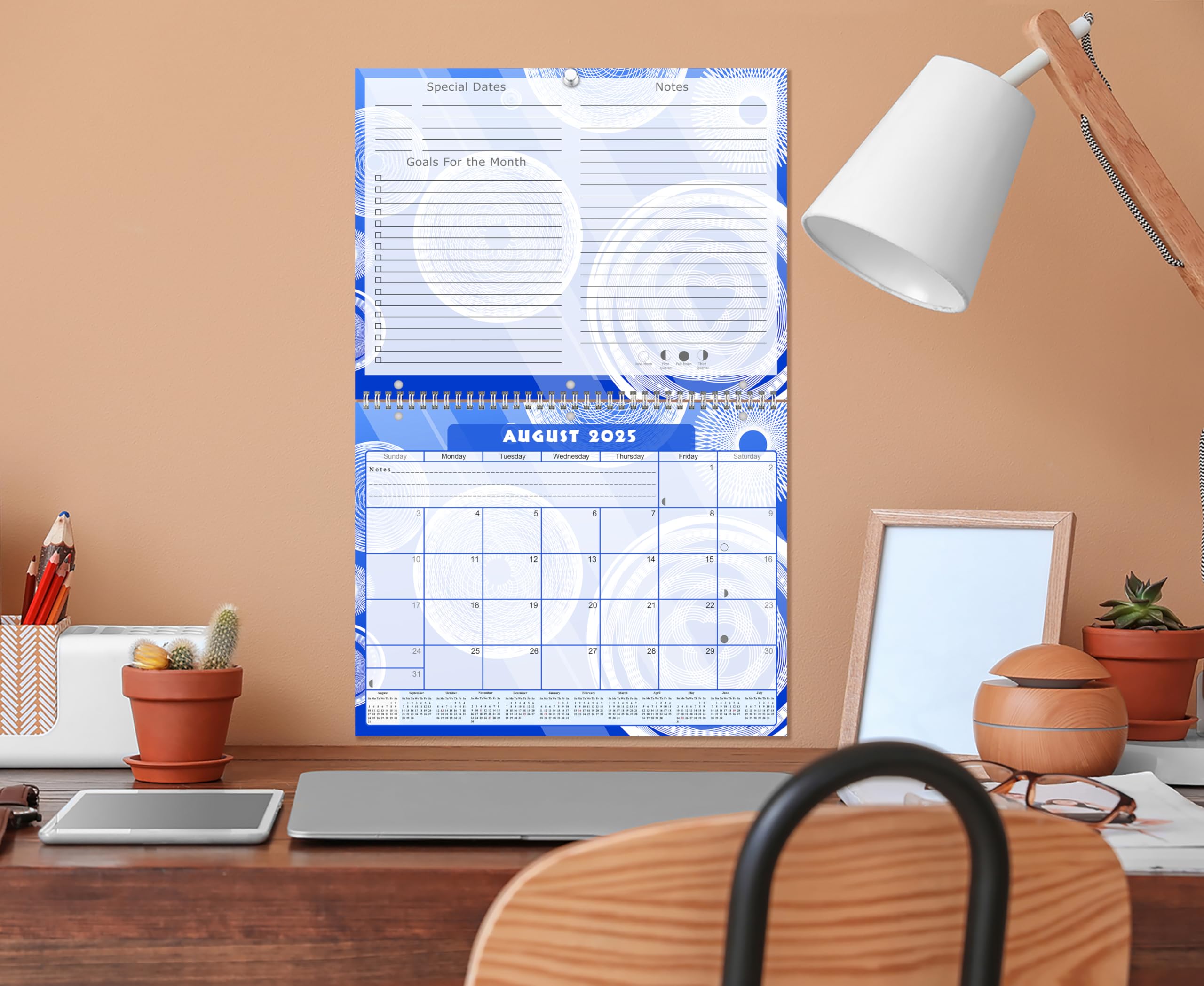 2025-2026 12-Month Academic Wall & Desk Student Planner with 3-Ring Binder - Blue Fractal Design for School, Teachers & College Students - Perfect for Classroom Organization, Homework Tracking & Study Planning