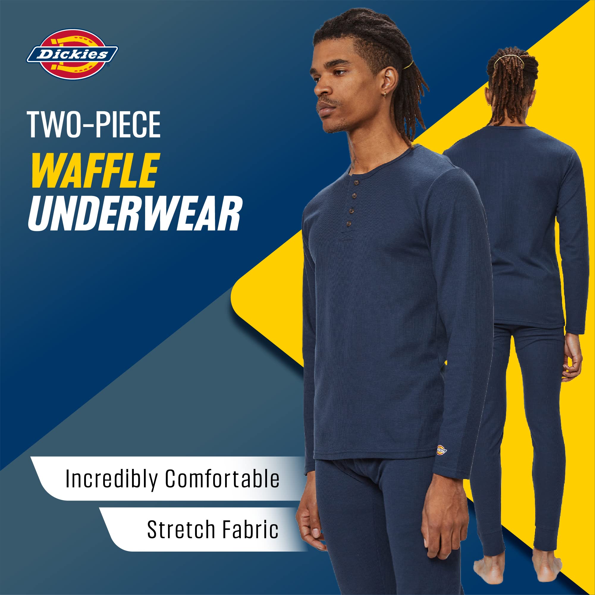 Dickies Men's Thermal Underwear Set - 2 Piece Waffle Knit Long Johns & Henley Base Layer for Cold Weather (Navy) - Winter Workwear, Outdoor Activities & Layering