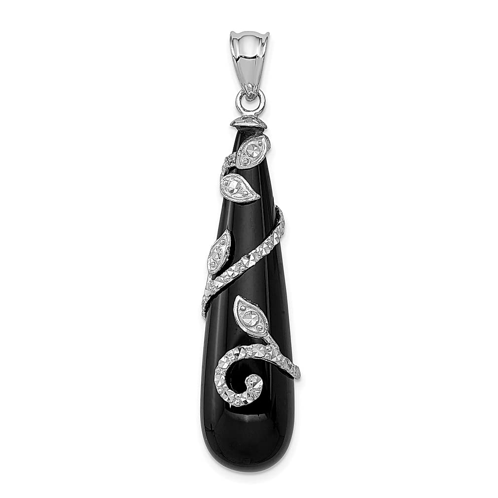925 Sterling Silver Filigree Vine Wrap Black Onyx Teardrop Dangle Pendant Charm Necklace - Natural Shell Stone Fine Jewelry for Women - Perfect Gift for Her, Birthday, Anniversary & Special Occasions