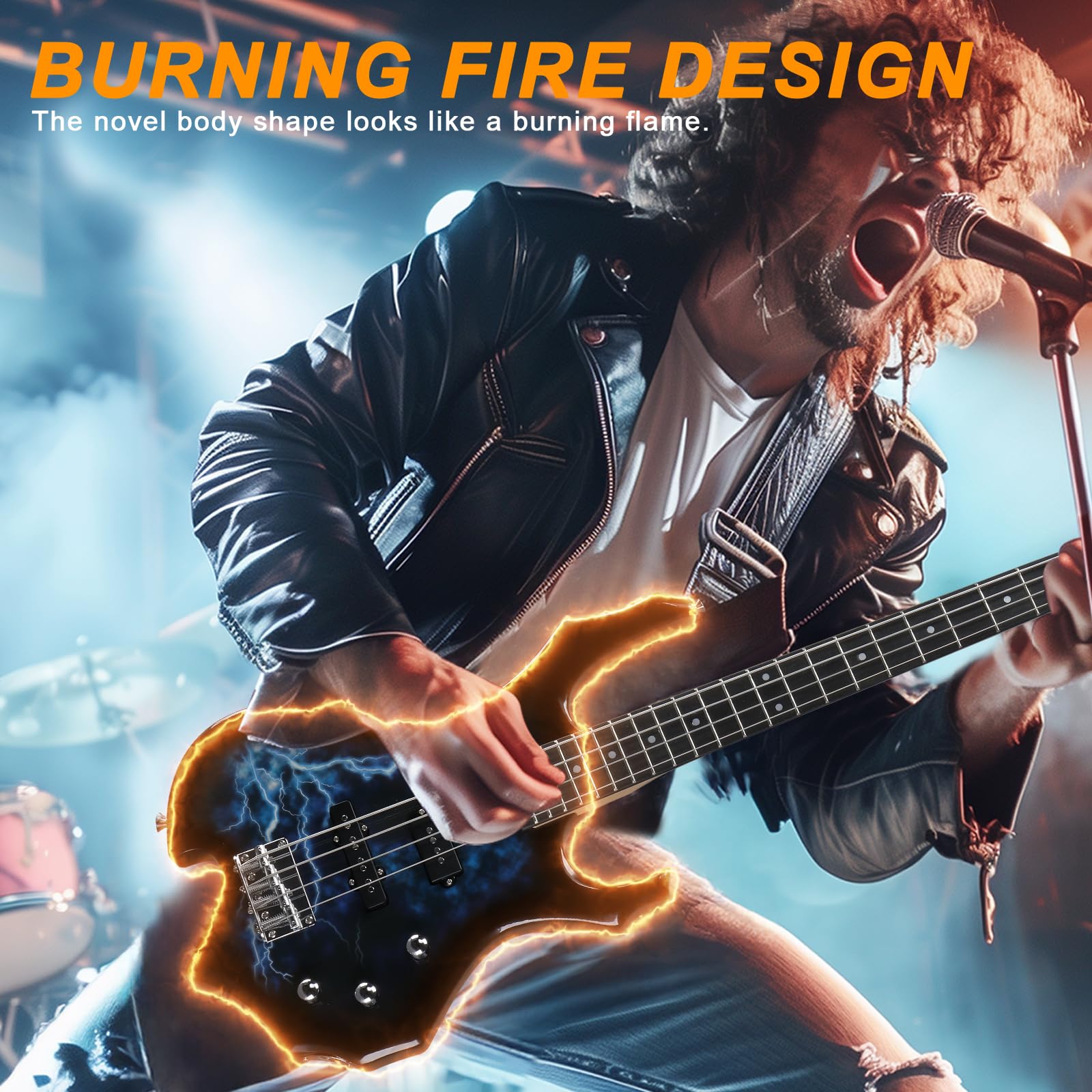 Ktaxon Full Size Electric Bass Guitar with Flame Design - 20W Amp, Portable Bass Bag, Premium Amp Wire, Adjustable Strap, Plectrum & Tools (Lightning) - Perfect for Beginners, Live Performances & Home Practice
