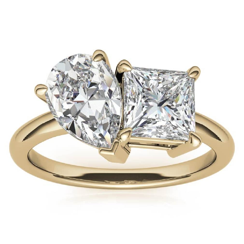 Exquisite Handmade 10K/14K/18K Solid Yellow Gold Engagement Ring with 2.5 TCW Princess & Pear Cut Moissanite - Solitaire Wedding Band for Women, Anniversary & Promise Gift - Perfect for Proposals, Bridal Sets & Romantic Occasions